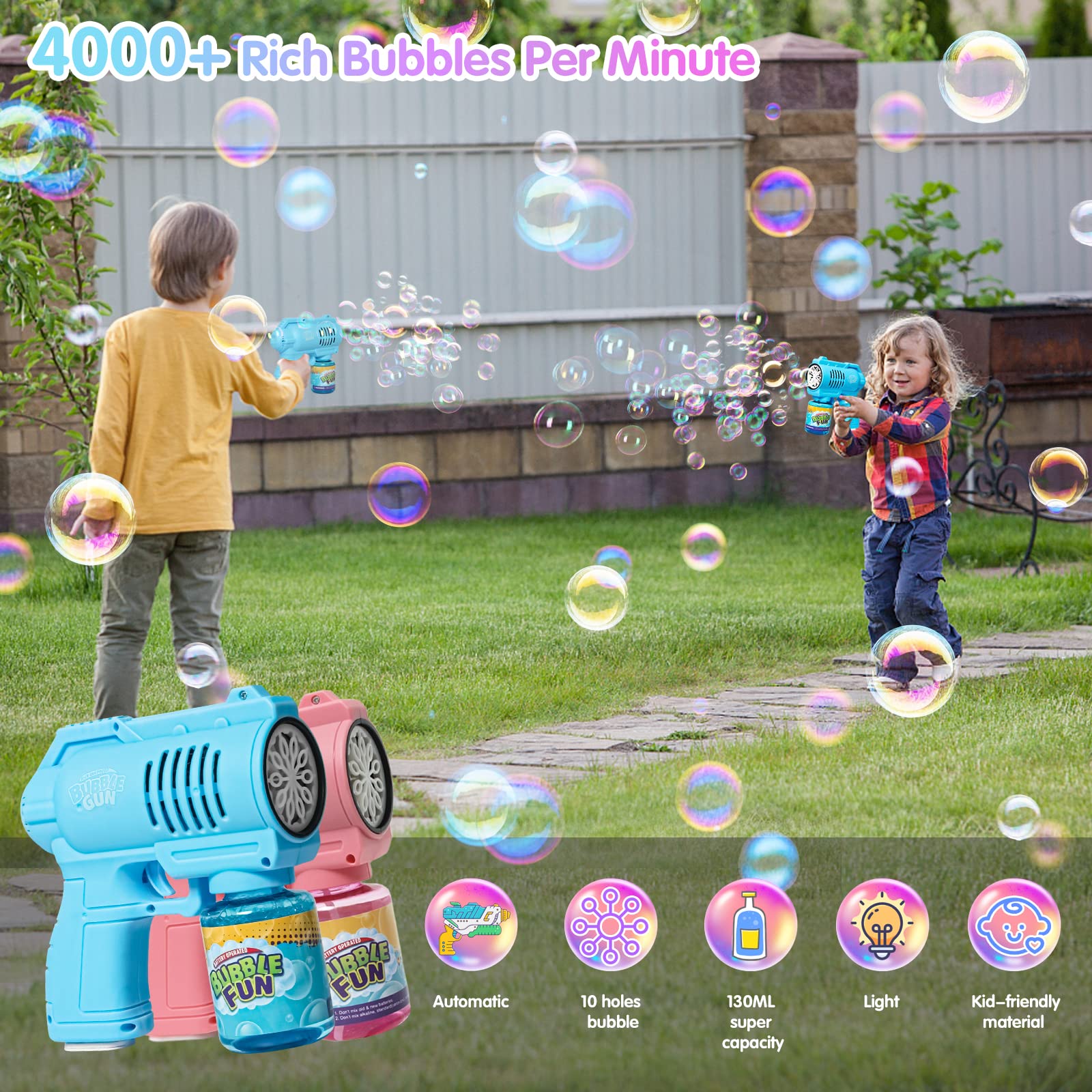 Panacare 2Pièces Pistolets à Bulles,Machine à Bulles de Savon Gun Enfants 4000+Bulles/Minute avec Solution pour Bulles de Savon,Machine a Bulles Jouet à Bulles Cadeau pour Enfant/Anniversaire/Fête
