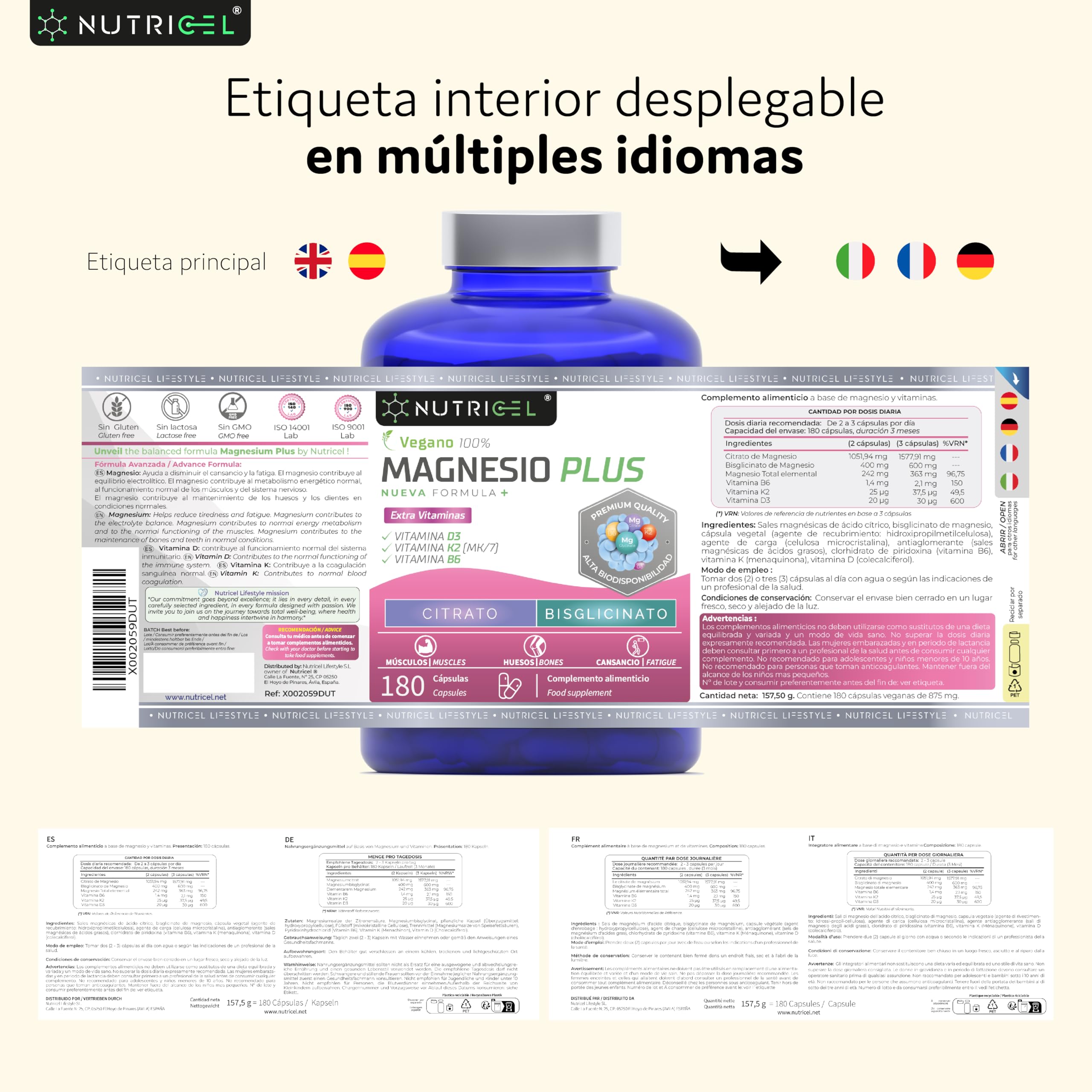 Magnésium Bisglycinate + Citrate - 2177mg - Vitamine B6, D3 et K2 | Fatigue | Magnesium Bisglycinate et Magnesium citrate | jusqu’à 4 mois | 180 Gélules Végétalien (Lot de 2)