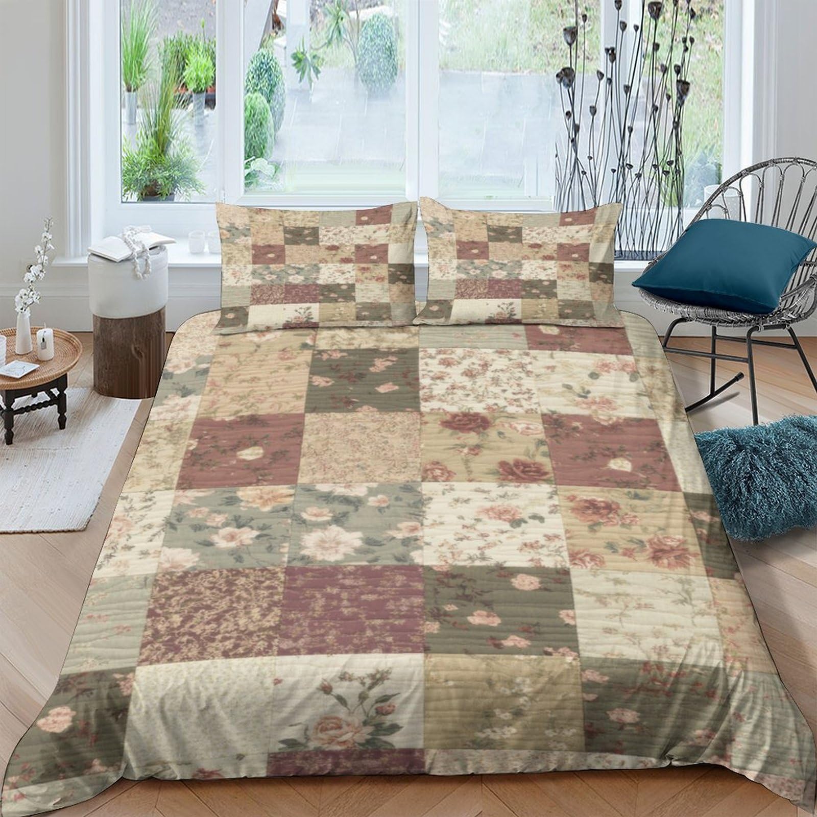 Ctjqhvkz Style-7 3D Printed Vintage Patchwork Fitted Sheet Microfiber Floral Quilt Bed Cover For Bedroom Guest Room Anti-Slip Easy Care Single（135X200cm）