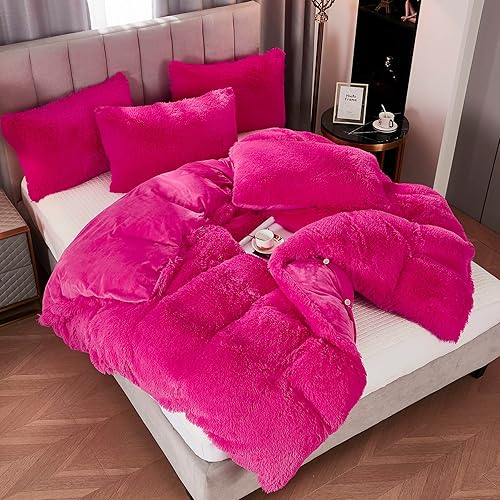 Miniatura 2 de WERDIM Juego de funda de edredón de pelo sintético lanudo y esponjoso con cierre de botón, juego de ropa de cama aterciopelada con fundas de