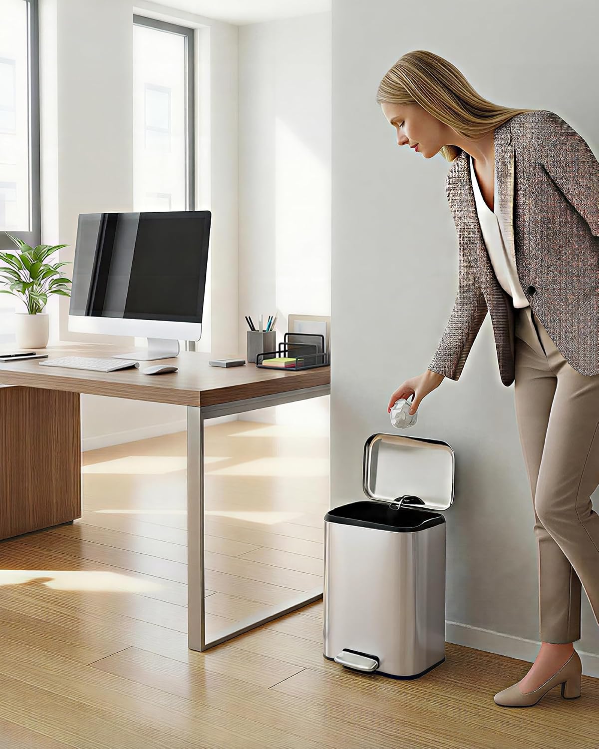 OUTLANE 3.2 Gallon Small Trash Can, 12 Liters Bathroom Garbage Can with Lid,Mini Step Stainless Steel Recycling Bin with Removable Inner Bucket, Rectangular Waste Container for Living Room, Office