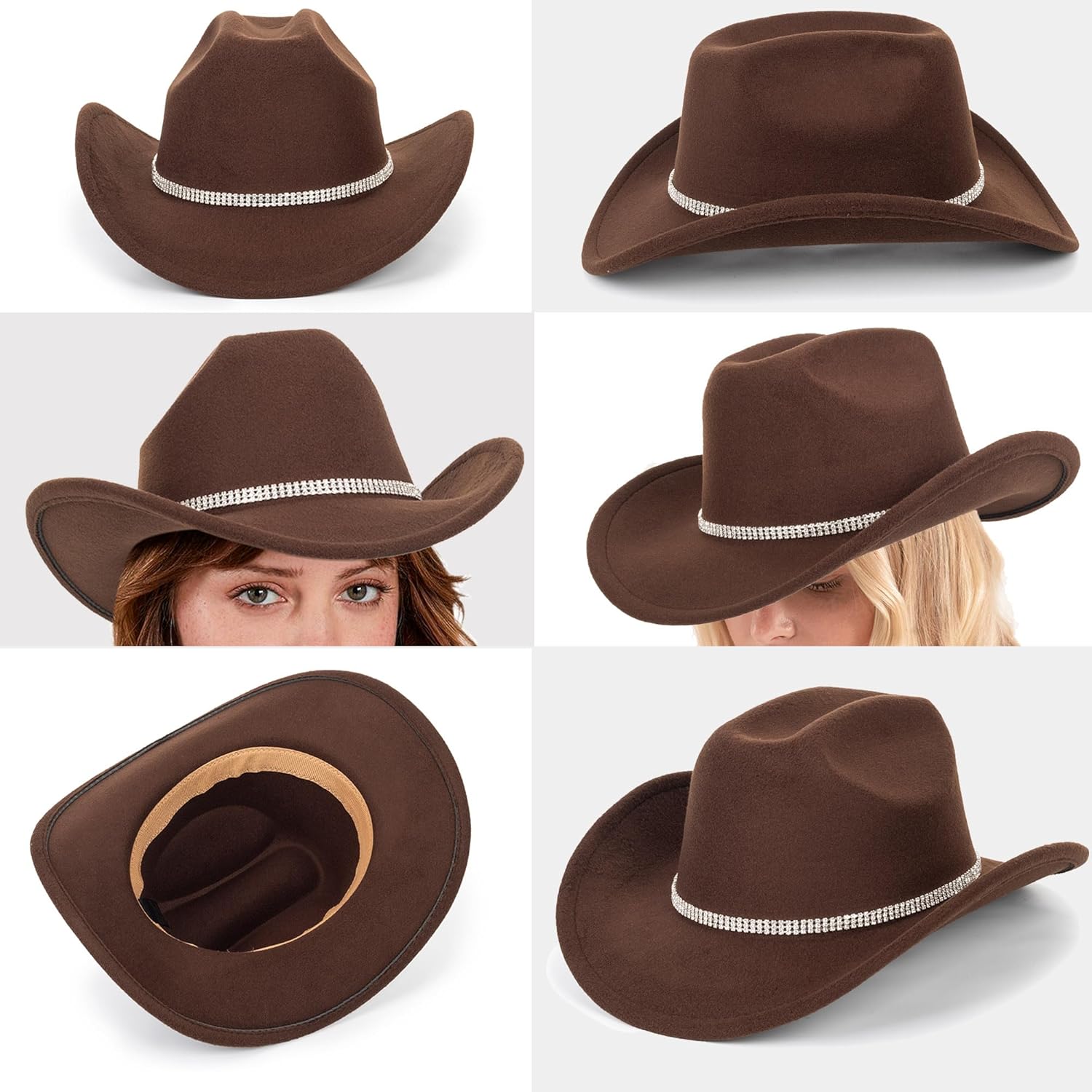 Felt Cowboy Hat for Women Men, Rolled Up Fedora Western Hat with Gus Buckle Belt, Disco Rhinestone Cowgirl Hat S/M - Image 2