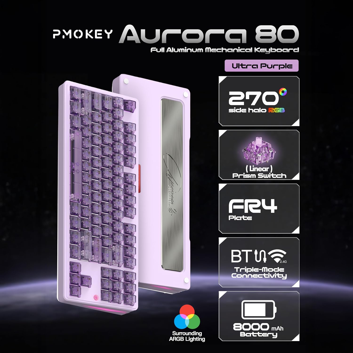 PMOKEY Aurora 80 CNC Full Aluminum Wireless Mechanical Keyboard with VIA/QMK, 8000mah Battery, Tri-Mode Wireless Gaming Keyboard Custom Hot Swappable RGB Backlit for Windows/Mac/PC (Ultra Purple)