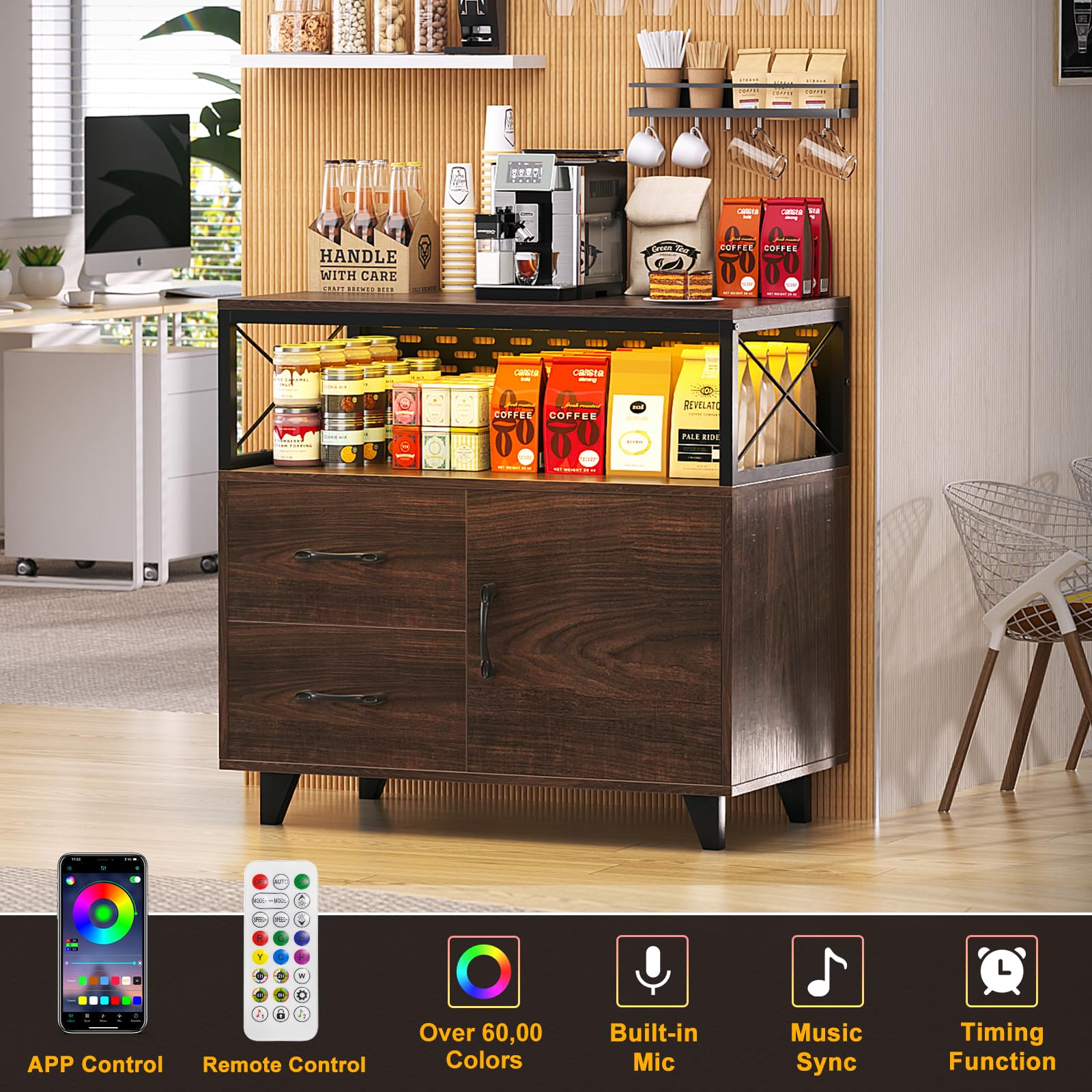 Homieasy Lateral File Cabinet With LED Lights - 2 Drawers, 1 Door, Printer Stand & RGB Lighting, Walnut