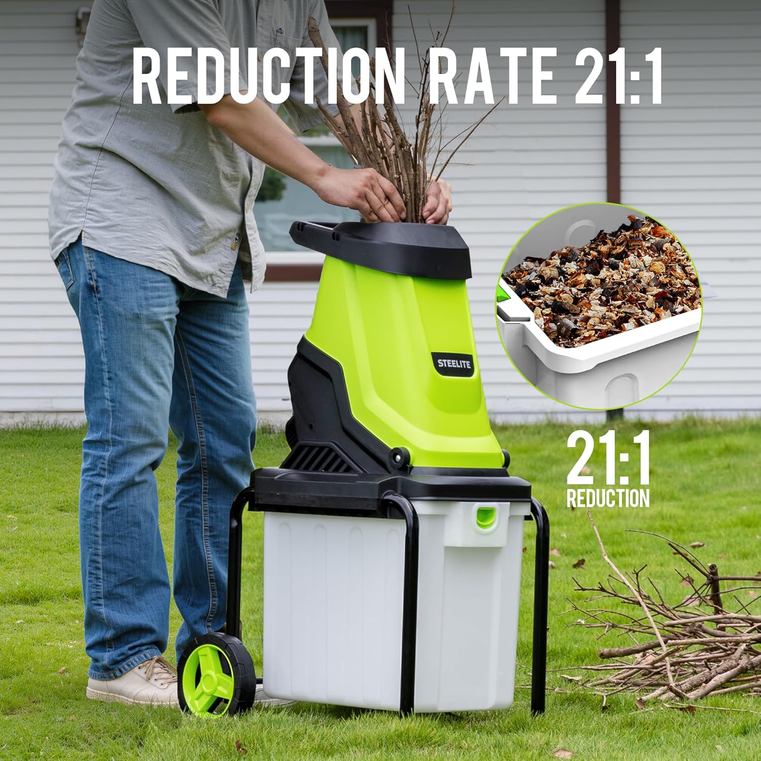 Steelite 1.8" 15 Amp Electric Wood Chipper, 55L Collection Bin Electric Mulcher Chipper Shredder, Wood Chipper with Max 4000RPM Motor Speed, Easy-Cleanup Dual Steel Blades Ideal for Branches, Twigs