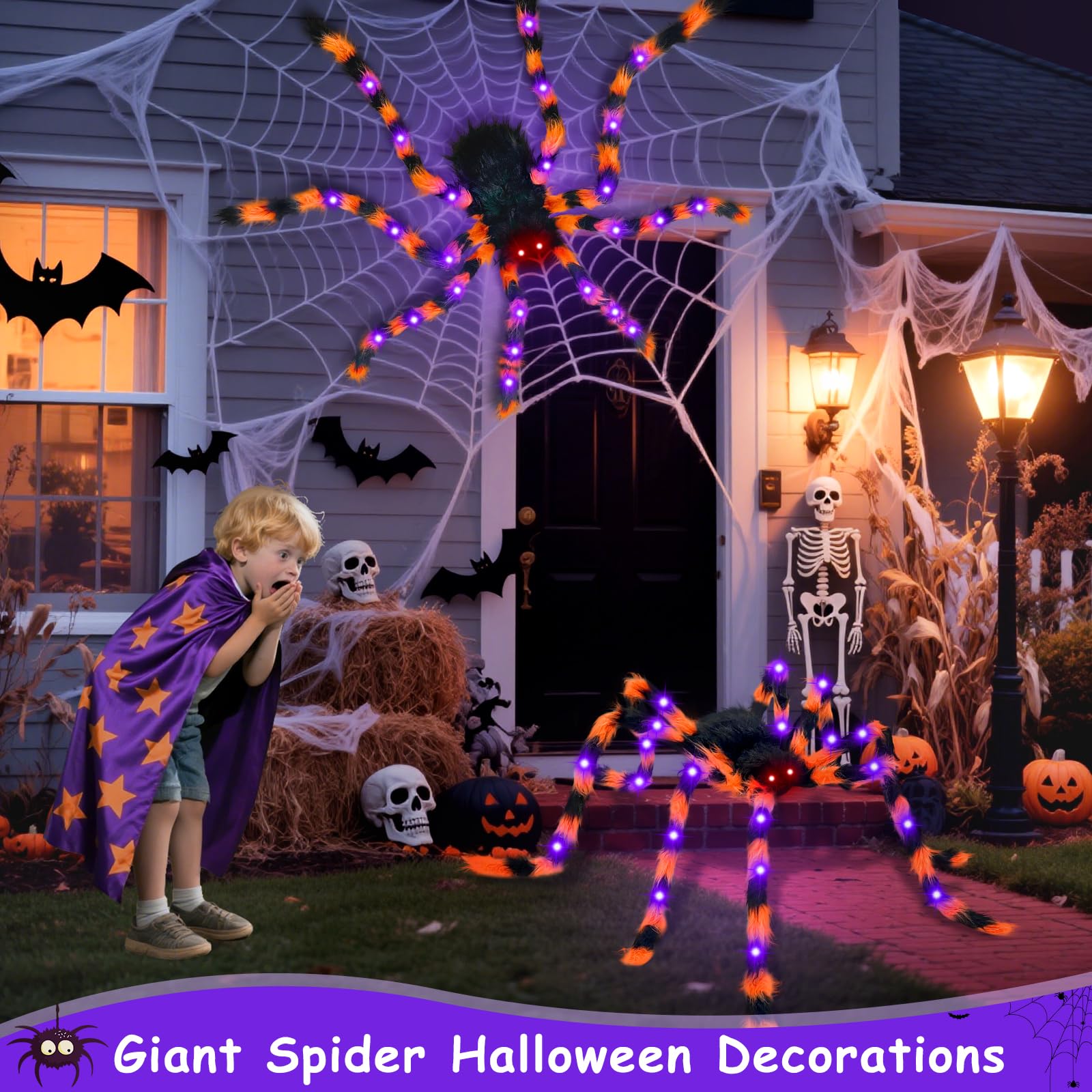 Confezione da 2 ragni giganti di Halloween da 127 cm, ogni ragno arancione e nero con 26 luci LED viola, ragno finto spaventoso che si illuminano per esterni, cortile, portico, giardino, prati