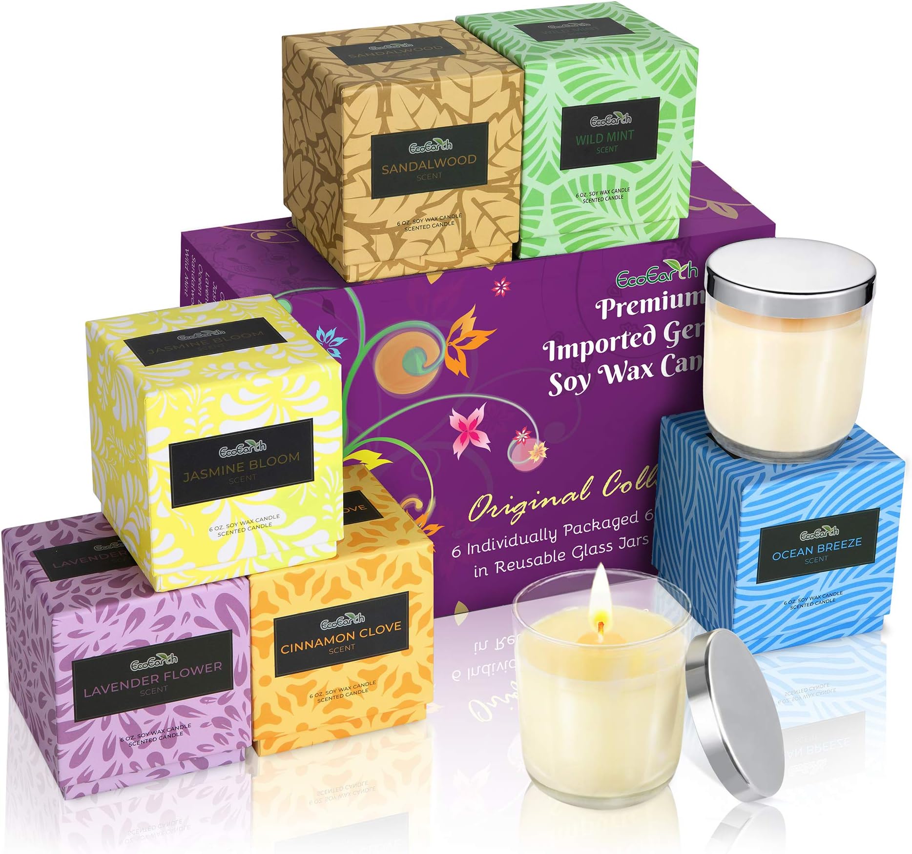 EcoEarth Deluxe Gift Candle Set, Full 6 oz (not 2 oz or 4 oz Sample Size) Eco-Friendly Glass Jar + Lid, Natural German Soy Wax Candles Scented w/US Essential Oils for Stress Relief (Assorted, 6 Pack)