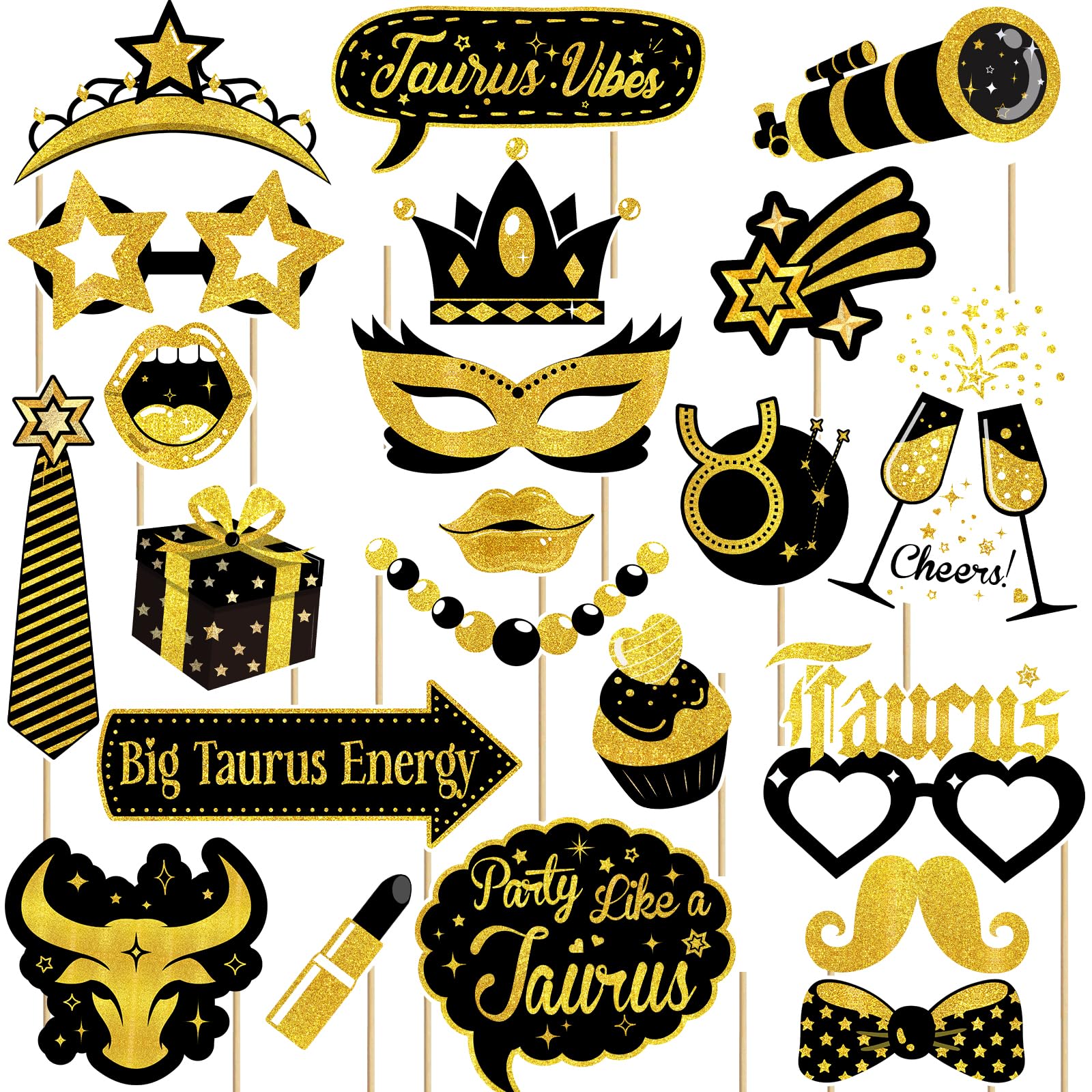 22 Pcs Taurus Birthday Photo Booth Props Kit, Black Gold Big Taurus Energy Birthday Party Decoration Set, Zodiac Bday Selfie Photo Props for Boys Girls Zodiac Horoscope Astrology Any Bday Party