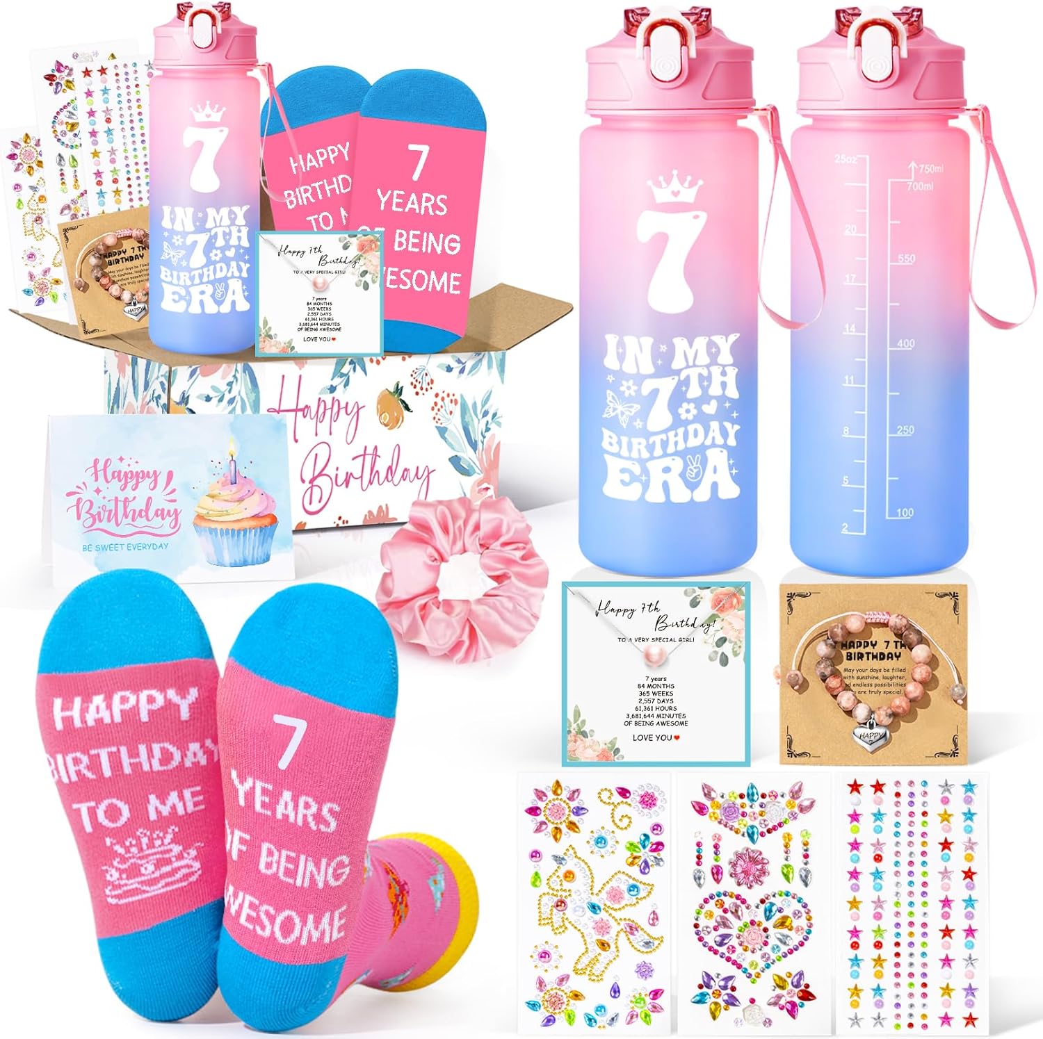 7 Year Old Girl Birthday Gifts, Tween Girl Gift Set with 25oz Water Bottle, Socks, Bracelet & DIY Diamond Kit, Cute Birthday Presents for Girls Age 7