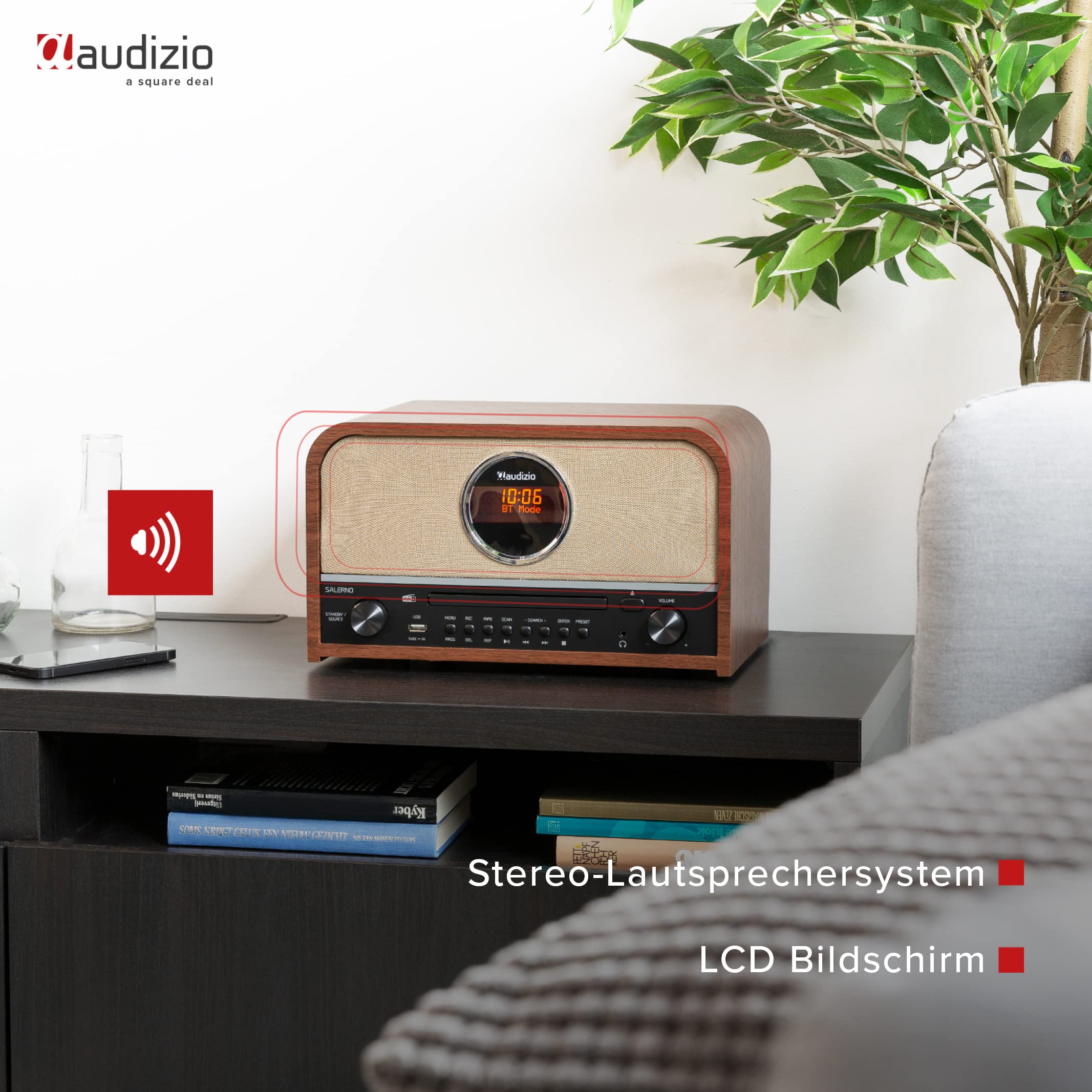 Audizio Salerno - Dab Radio Tuner, stilvolles Retro Radio mit kristallklarem Sound für EIN tolles Hörerlebnis, CD-Player, Bluetooth, USB, MP3, großes Display, Fernbedienung - Braun