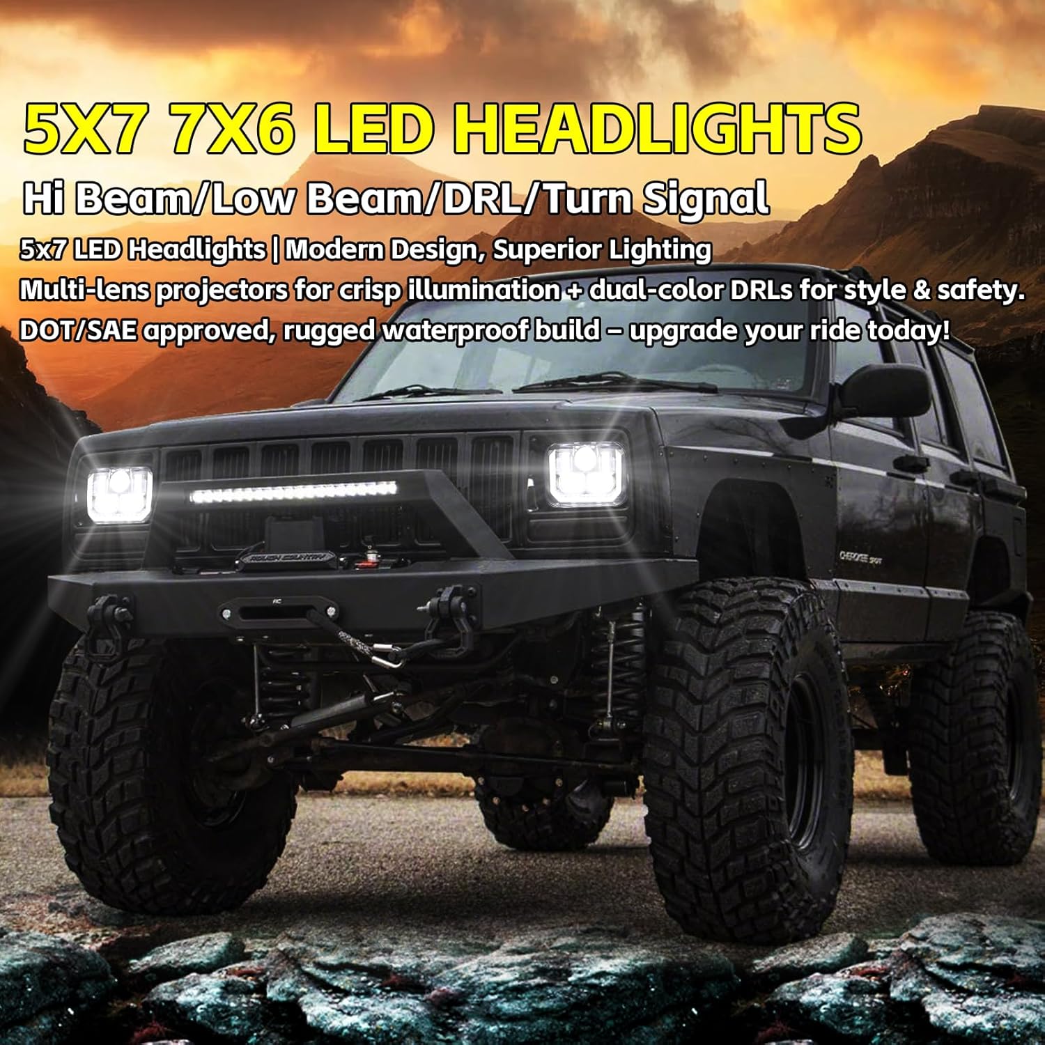 2PCS 5x7 7x6 LED Headlights Compatible with Jeep Wrangler YJ Cherokee XJ, DOT Approved Hi/Low Beam with DRL & Turn Signal Light, Replaces H6054 H6054LL 6054 H5054 69822 H6014