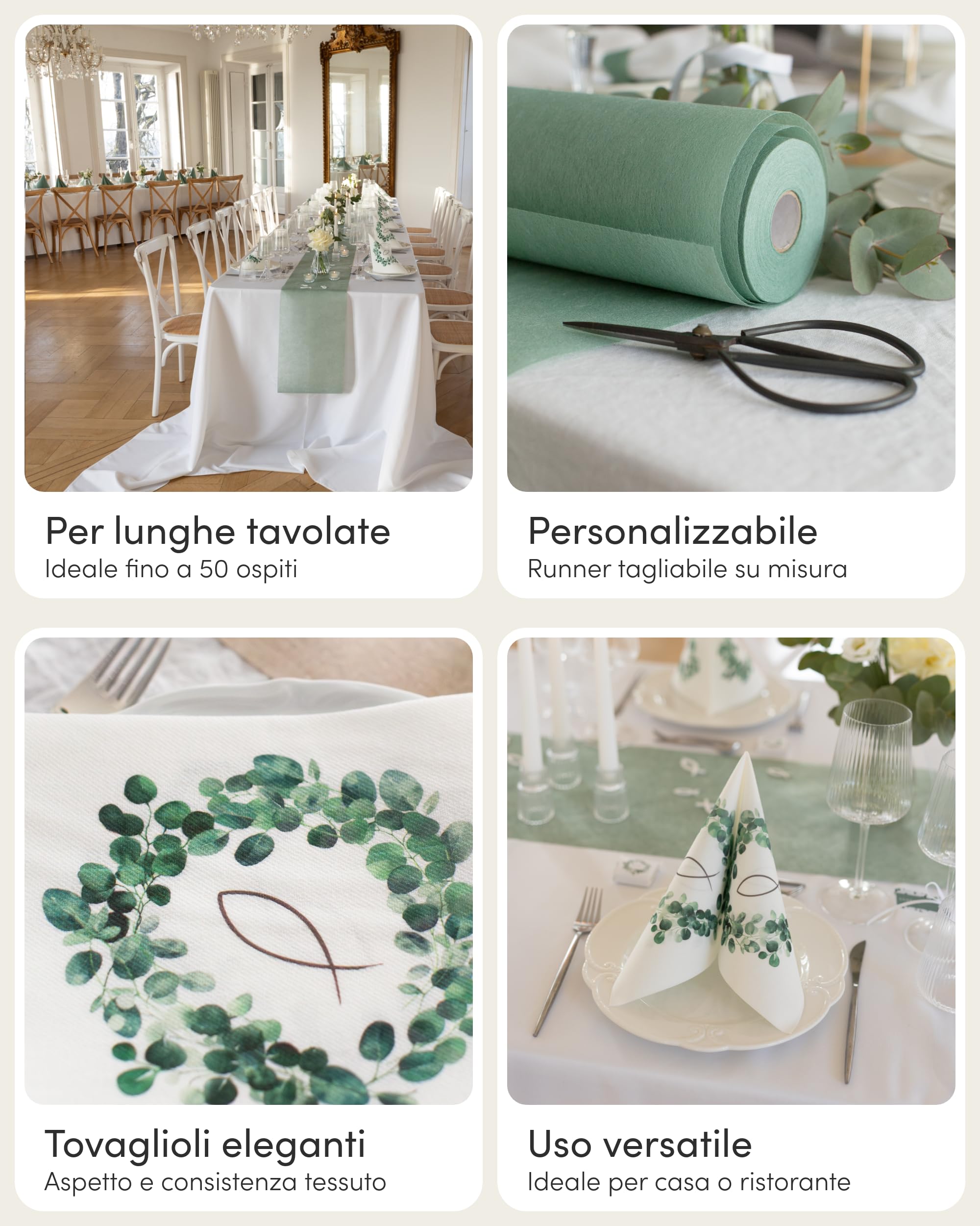 100% Mosel Kit decorazione per la tavola – Corona Eucalipto & Pesce | 25–50 ospiti – Kit completo per Comunione & Cresima con Runner in TNT, Tovaglioli airlaid, coriandoli & nastro