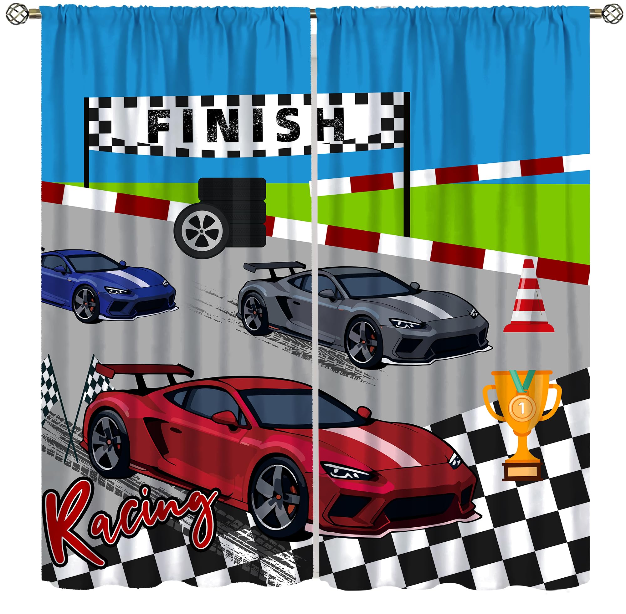 Cartoon Car Blackout Curtains Cool 3D Racing Track Black and White Racing Flag Tire Trophy Competition Windows Treatments for Kids Boys Nursery Living Room Bedroom 52x84Inch