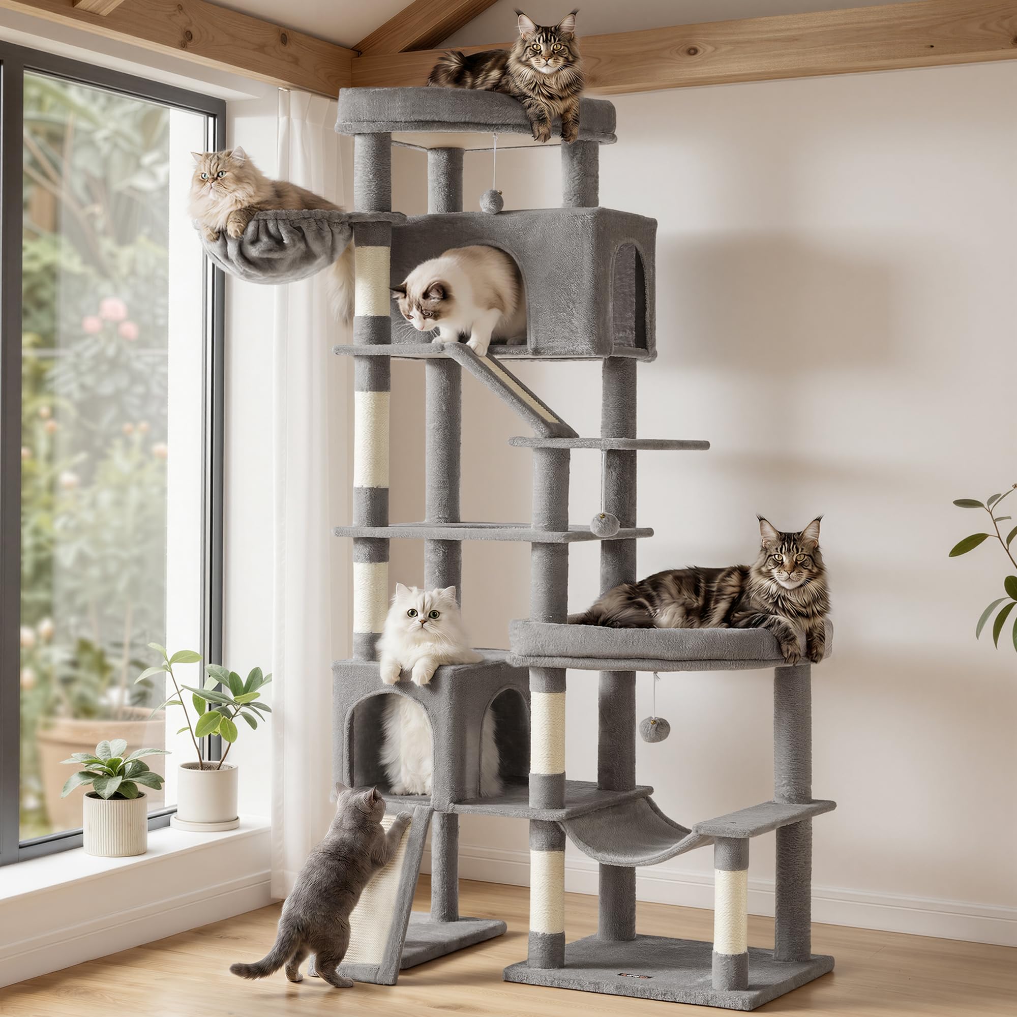 Feandrea Albero per Gatti XXL, Torre Tiragraffi in Sisal con Doppia Base, 6 Aree di Riposo, 133,5 x 67,5 x 202 cm, Grigio Tortora, per Gatti Grandi, Collezione Clawfy PCT020G101