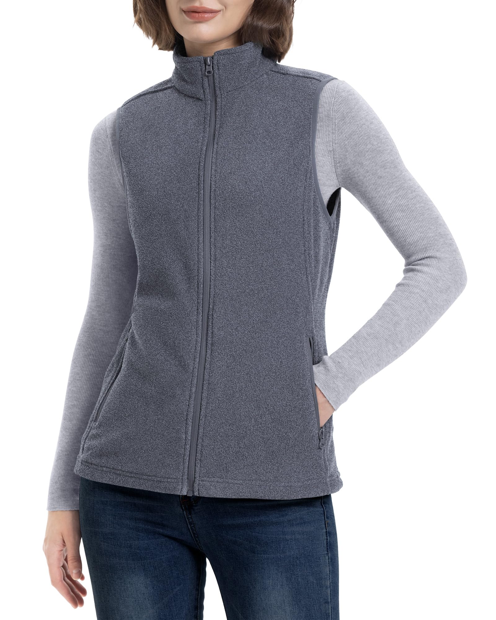 33,000ft Damen Fleece Weste Jacke Standkragen Ultraleicht Outdoor Westen Tops mit Taschen Reißverschluss Gilets Damenweste