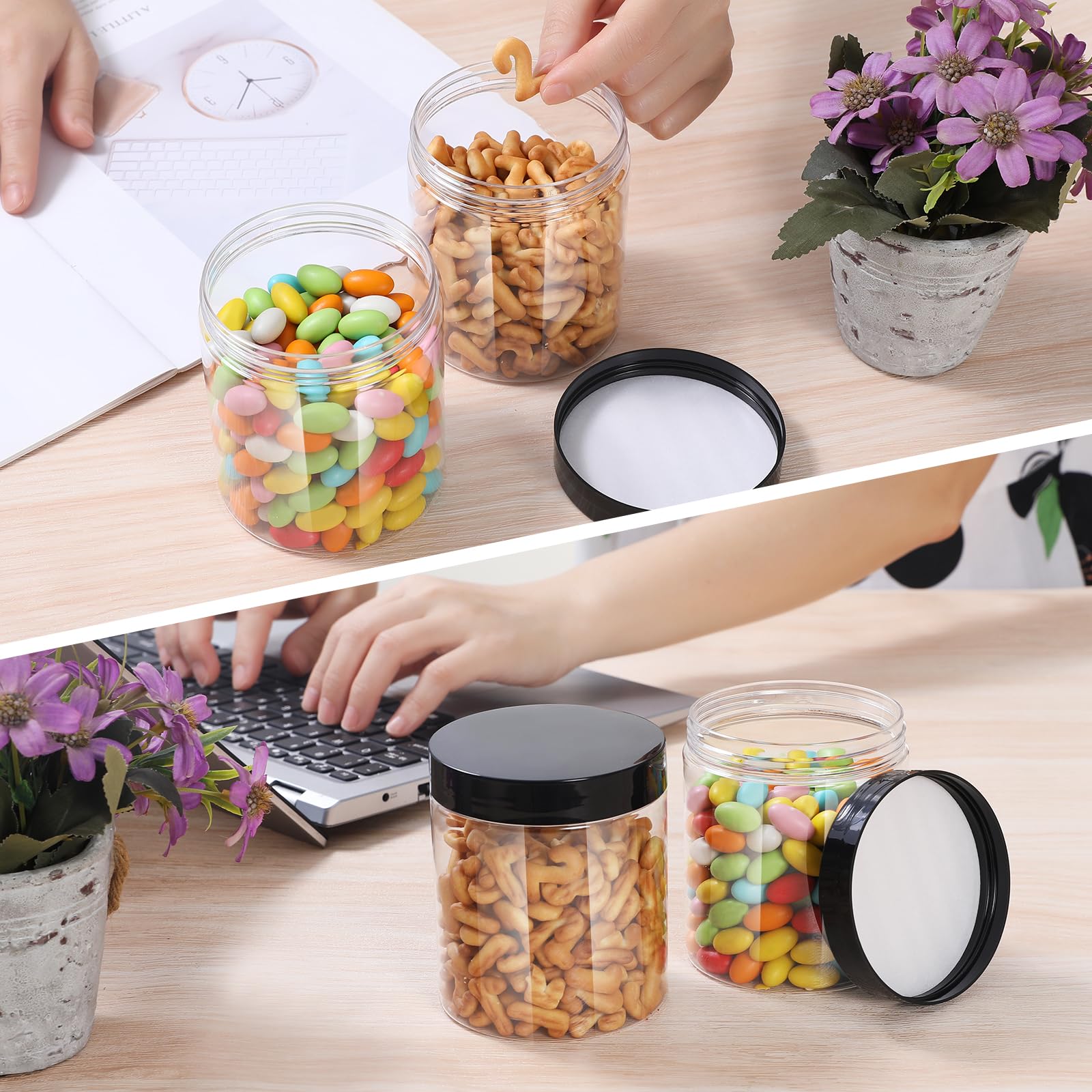 Bocaux en plastique avec couvercles, contenants hermétiques parfaits pour les aliments secs, la confiture de miel, le beurre d'arachide, les cosmétiques, la crème, la salle de bain et le rangement