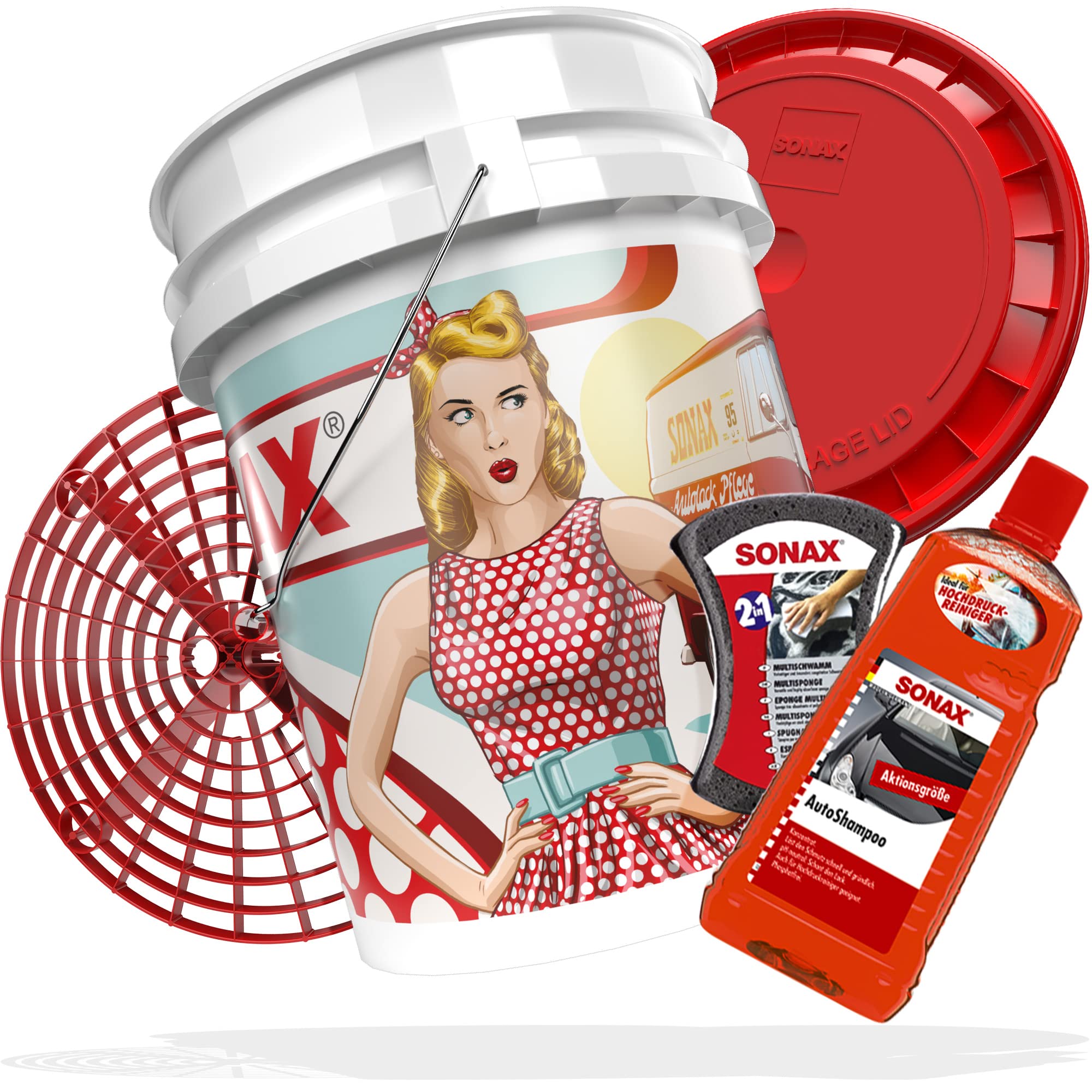 SONAX Autopflege Bundle Basis | Auto Reinigungsset - Wascheimer Pinup mit Deckel + Grit Guard Eimereinsatz Autoshampoo 2 Liter Konzentrat mit Duft + 2in1 Autoschwamm