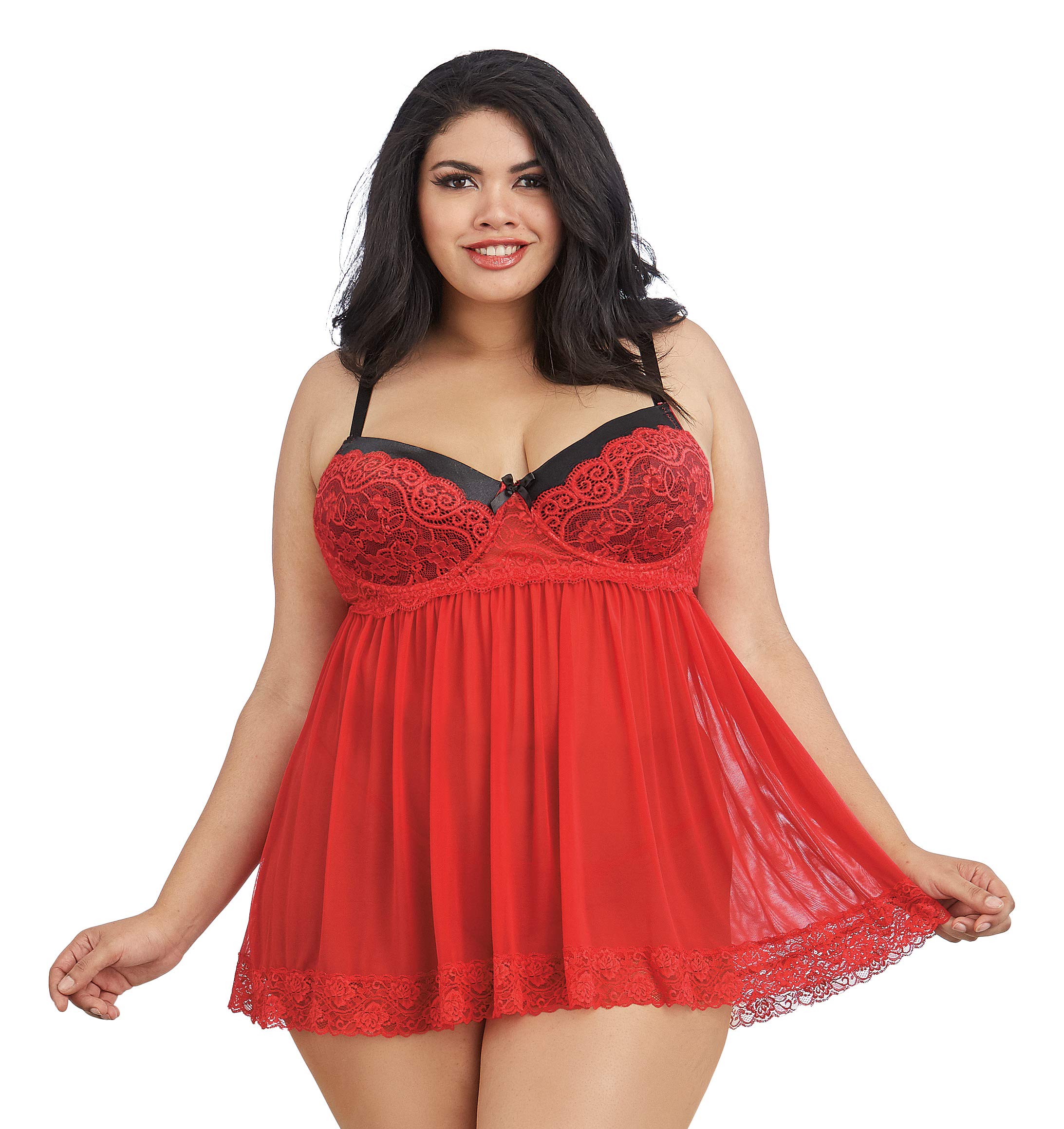 Dreamgirl Women's Plus Size Flirty Mesh and Lace Babydoll with Matching G-string