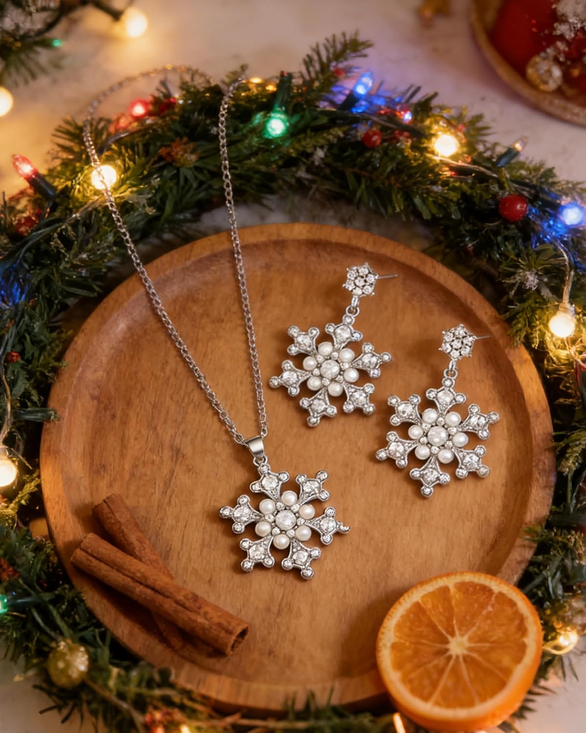 Silver Snowflake Jewelry Set for Women Luxury Sparkly Rhinestone Pearl Snowflake Necklace Dainty Silver Snowflakes Dangle Earrings Winter Holiday Party Jewelry Christmas Gifts for Her - Image 6