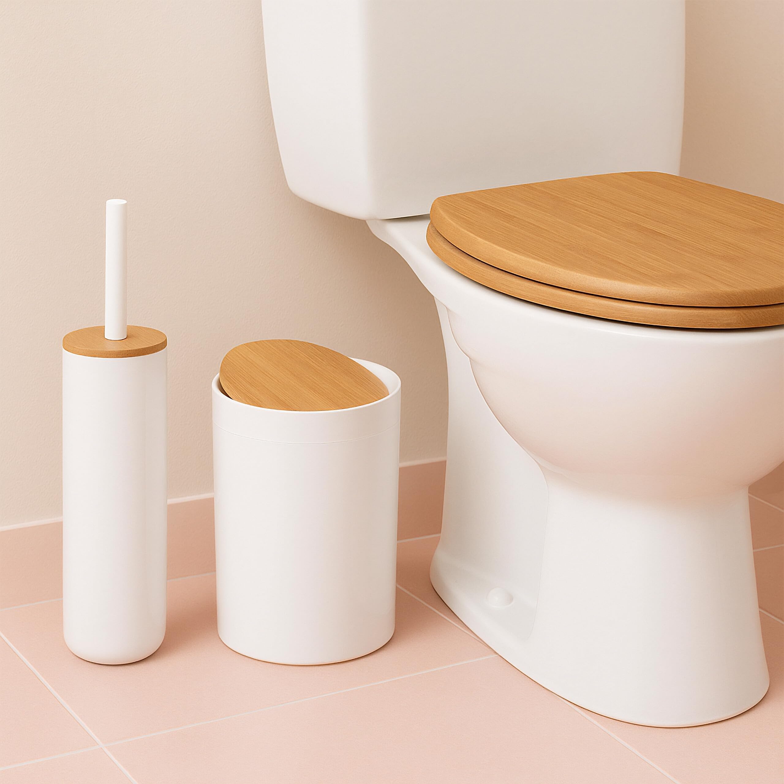 Relaxdays Set Bagno 7 Accessori, Cestino, Scopino WC, Portasapone, Saponetta, Portaspazzolino, Plastica e bambù, Bianco