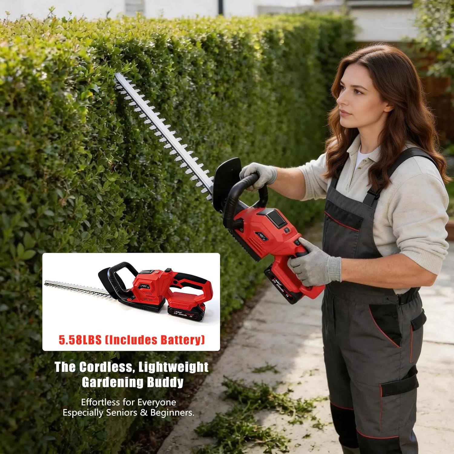 22" Cordless Hedge Trimmer, Electric Bush Trimmer with LCD Power Display, 180° Rotatable Handle, 3500RPM, SK5 Dual-Action Blade Hedge Clippers Handheld with 2 Pack Battery and Charger, Red