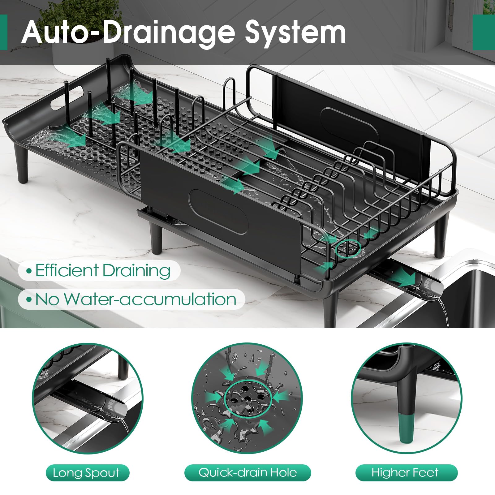 Urackify Escurridor de platos, de acero inoxidable, expandible (14.5 a 25.3 pulgadas) y escurridor de platos con estante plegable, soporte para utensilios para encimera, 1 pieza color negro