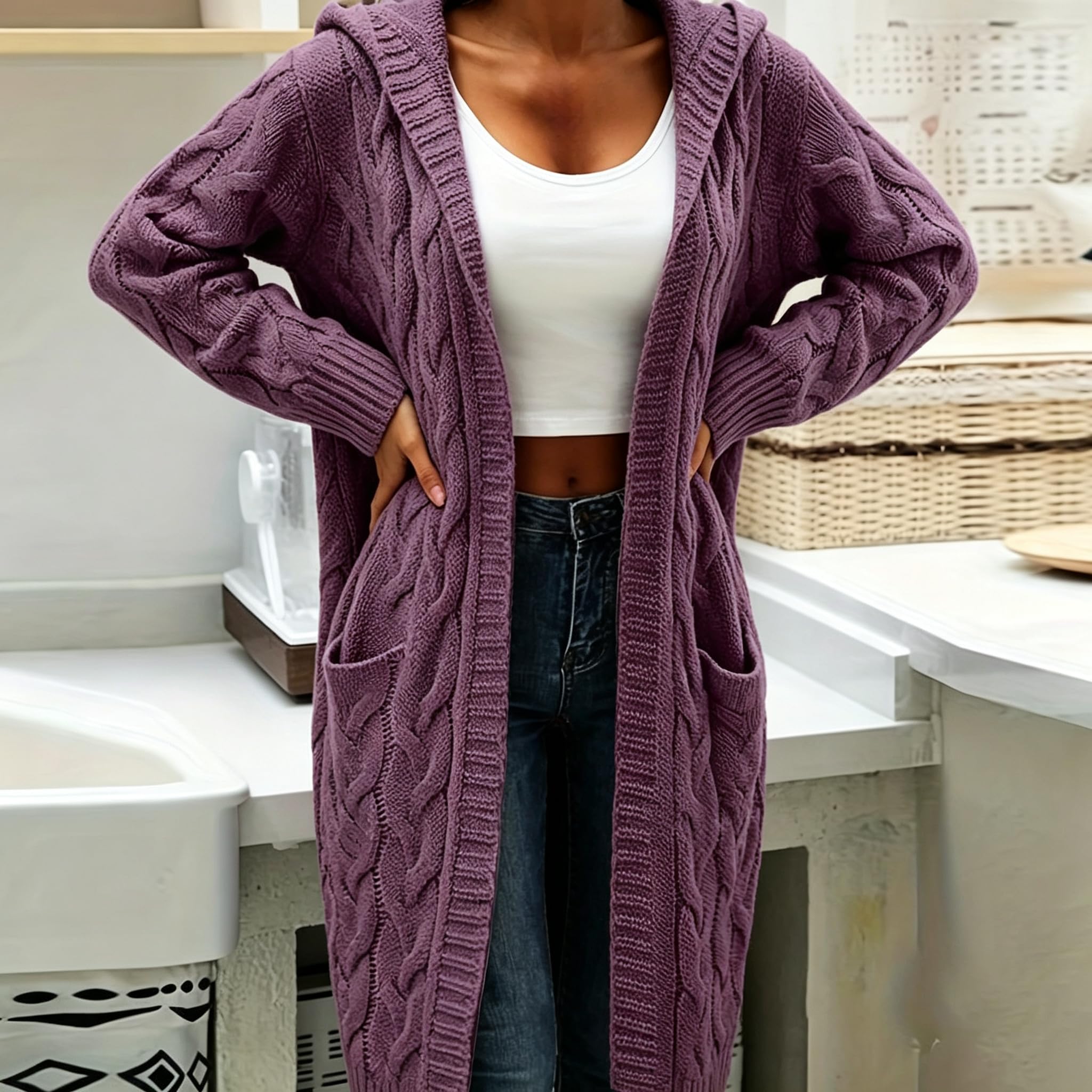 Cardigan Lungo da Donna con Cappuccio E Tasche Maglione A Maniche Lunghe in Maglia Grossa Cappotto Elegante per Autunno/Inverno Giacca di Transizione Capospalla Casual per Tutti I Giorni.