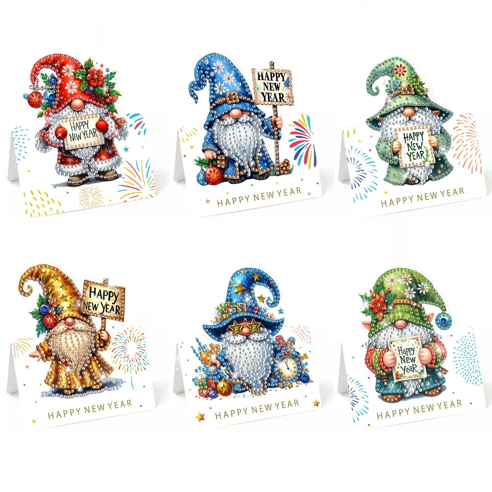 Lebartm 6Pcs 3D Folding Greeting Card DIY Diamond Art Painting Foldable Thank You Cards with White Envelopes Blessing Greeting Card Set for Festival Holiday-New Year's Goblin — image 1
