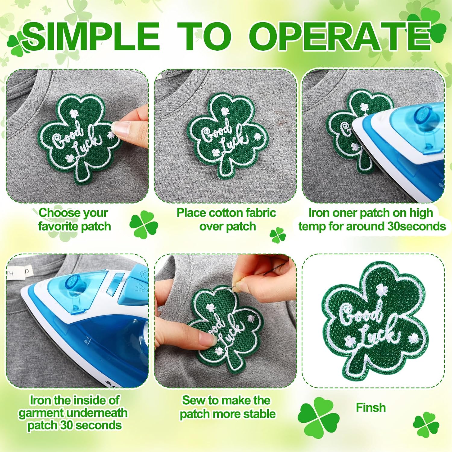 48 Pcs St. Patrick's Day Shamrock Iron on Patches Green Shamrock Embroidery Applique Patches for Clothing, Jackets, Jeans, Bags, Dress, Hats DIY Applique Emblem Accessory - Image 4