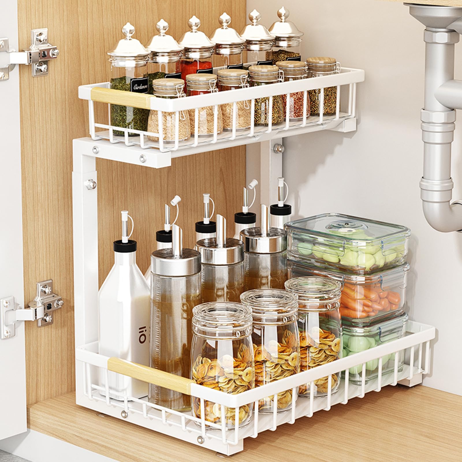 Lot de 2 Rangements sous Evier 2 Niveaux Étagère sous Évier Coulissant avec Hauteur Réglable Porte-épices Métal Tiroir Coulissant pour Cuisine, Salle de Bain, Buanderie (Blanc, 2pack)