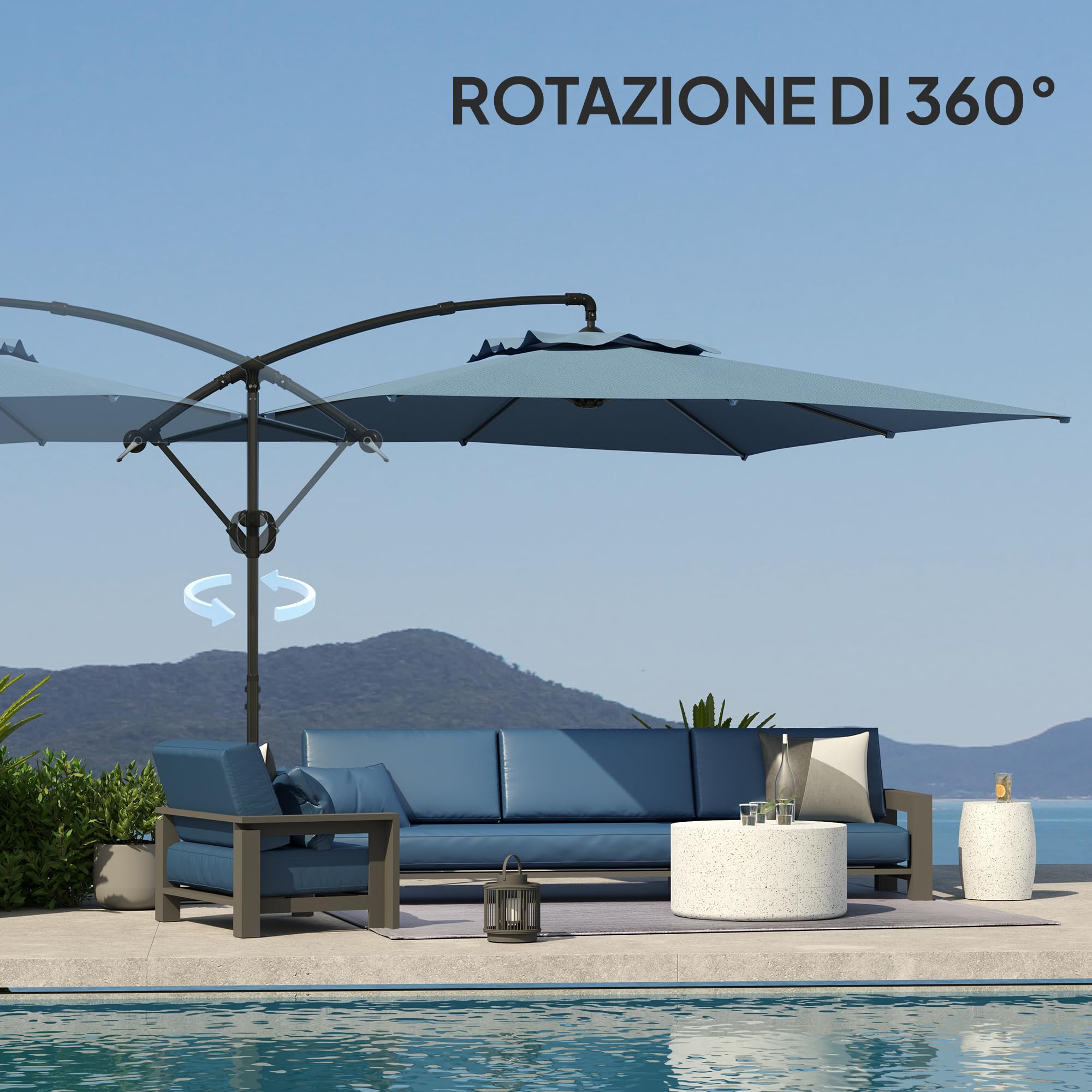 Outsunny Ombrellone Decentrato 3x3.25m con Tettuccio Regolabile a 360°, Base a Croce, Prese d'Aria e Manovella, Ombrellone da Giardino Inclinabile in Metallo, per Cortile, Terrazza, UV50+