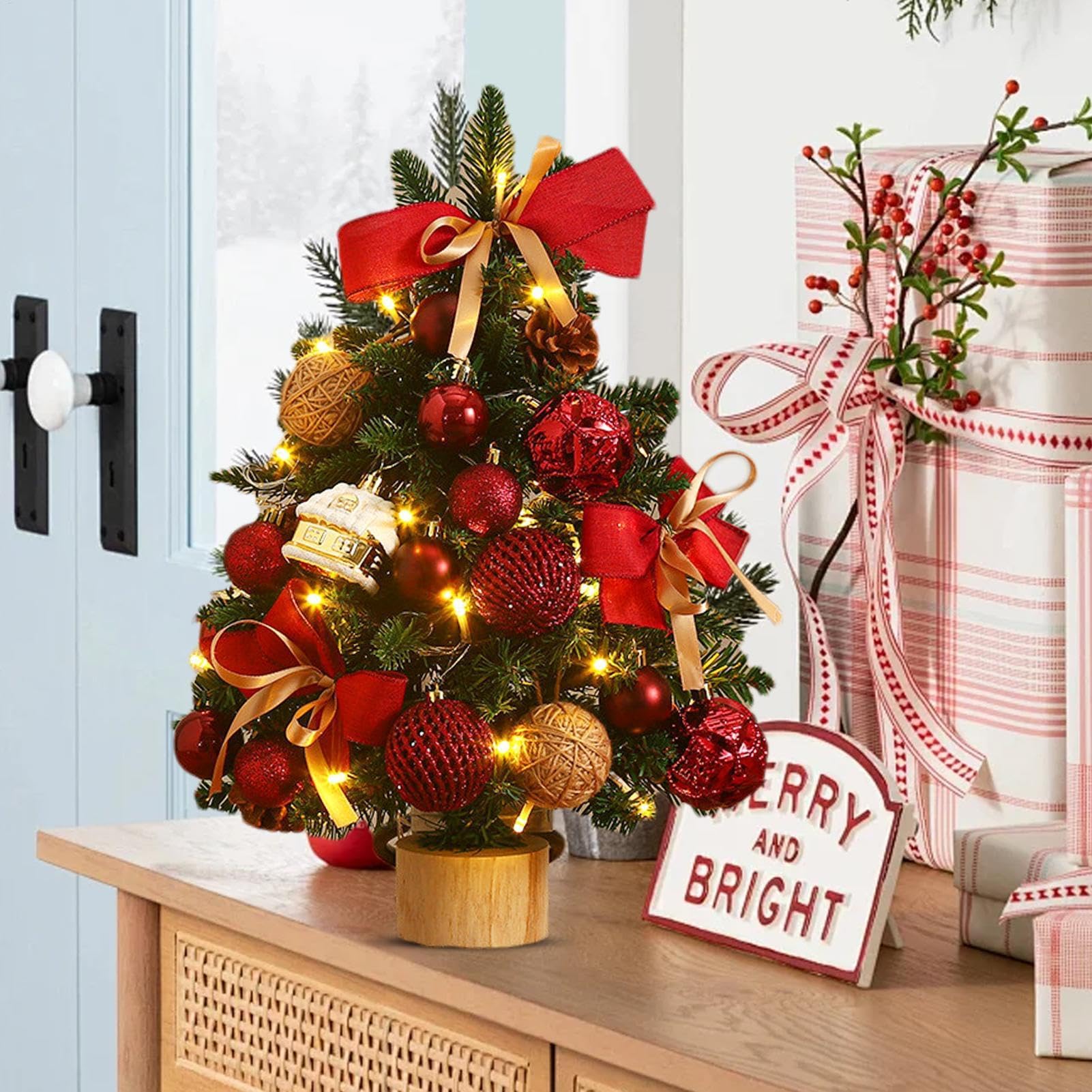 Vorbeleuchteter LED-Weihnachtsbaum mit Ornamenten – für Zuhause, Schlafzimmer, Wohnzimmer und kleine Räume, Dekoration für den Urlaub
