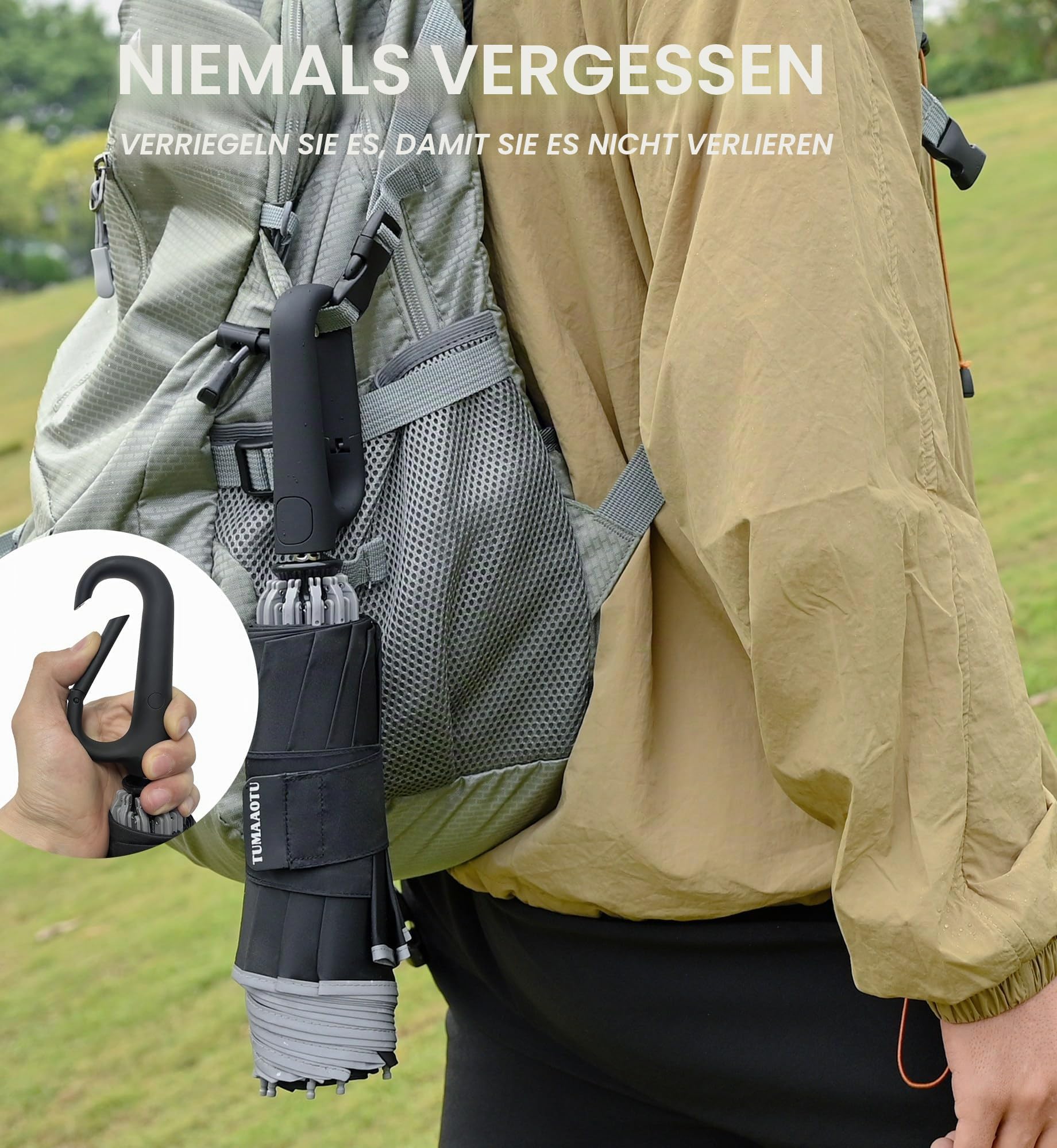 QWB Umgekehrter Regenschirm mit Karabinergriff, kompakt, winddicht, für Regen und Sonnenschutz, tragbar, faltbar, Autoschirm für Damen und Herren, 10 Rippen