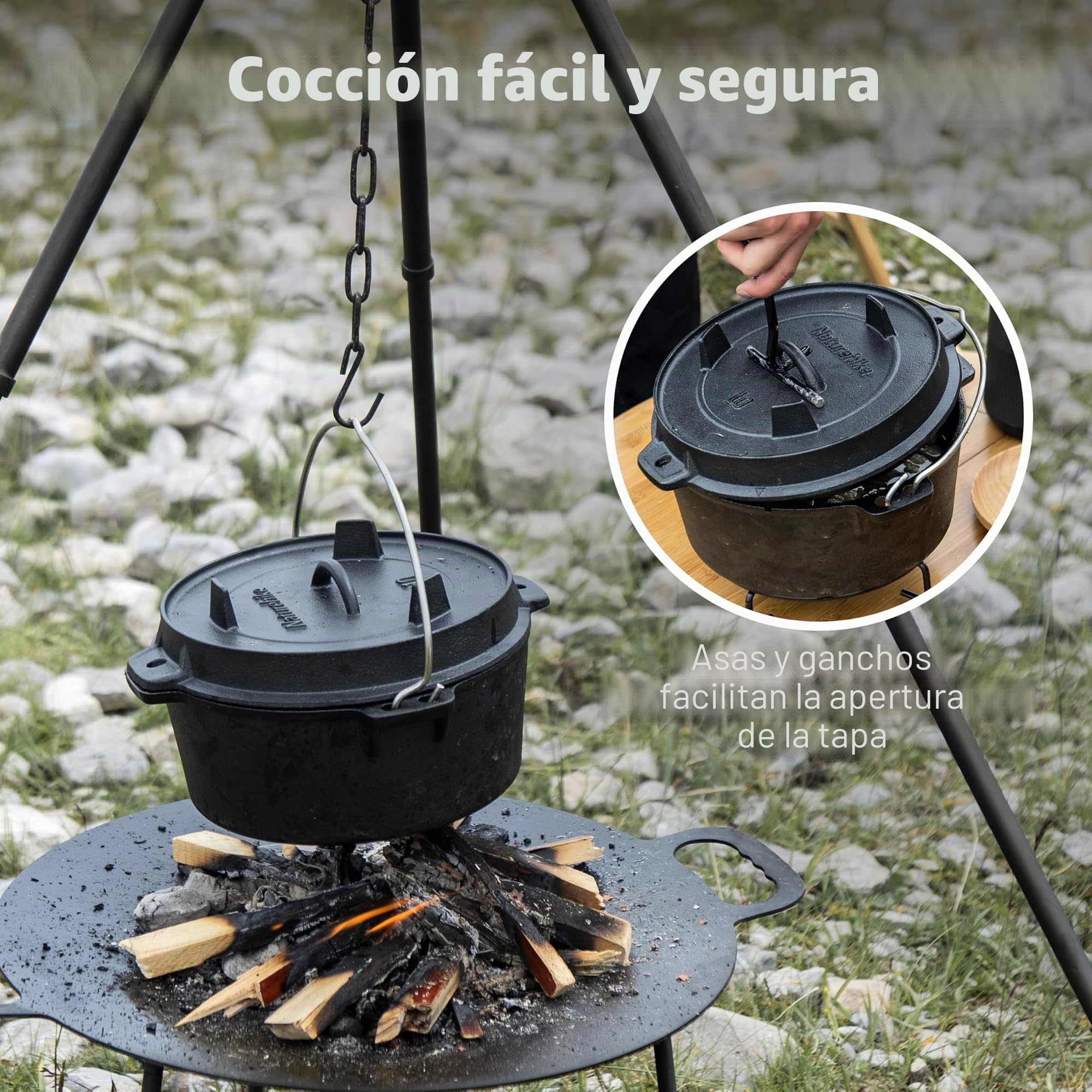 Naturehike Horno holandés de Campamento, Olla de Hierro Fundido de 4.25 Cuartos con Tapa de sartén 2 en 1, presazonado para Barbacoa al Aire Libre, Hornear, cocinar fogata con Mango de Metal
