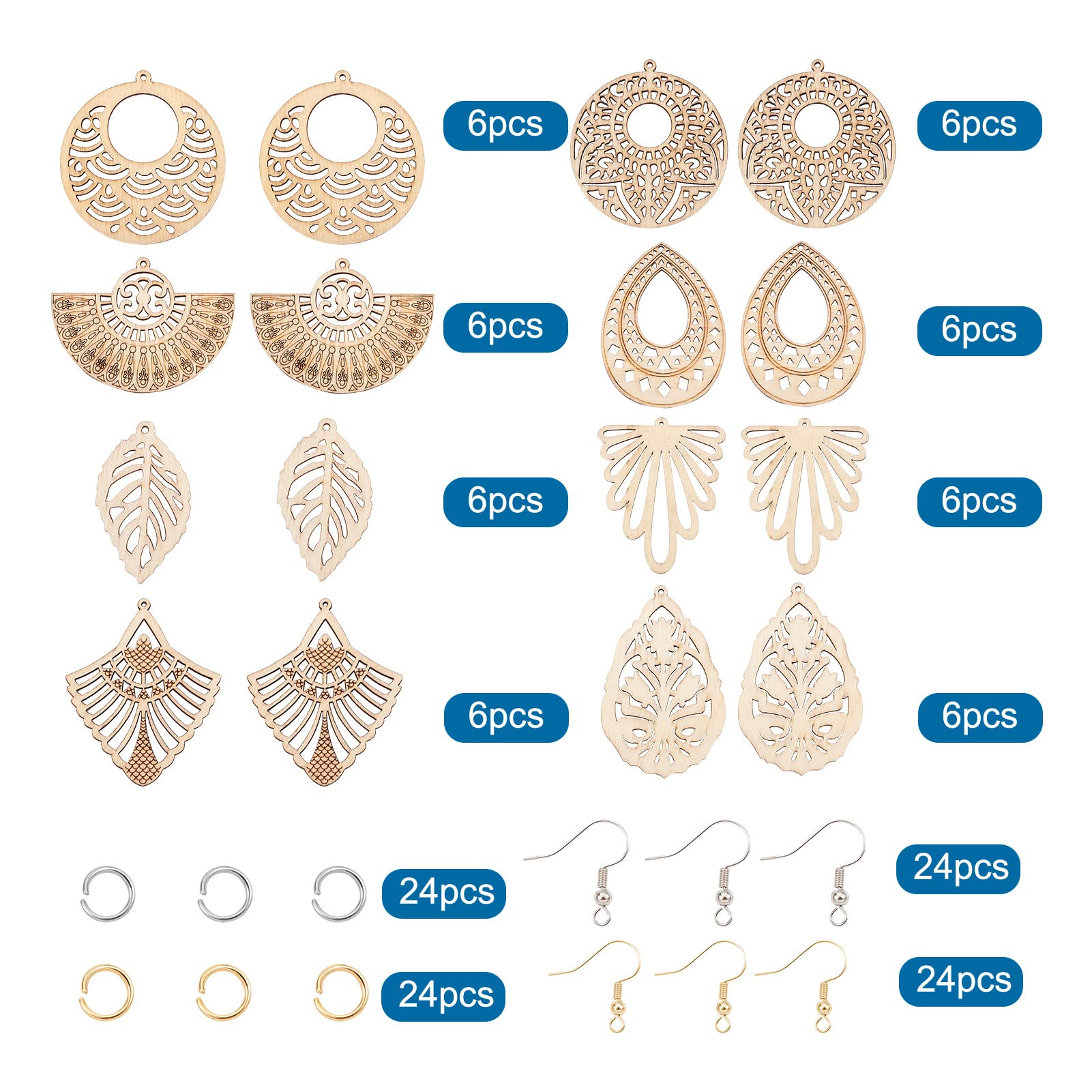 Pandahall Natural Wood Earring Making Kit - 48 Unfinished Wood Pendants, Jump Rings & Hooks For DIY Bohemian Jewelry