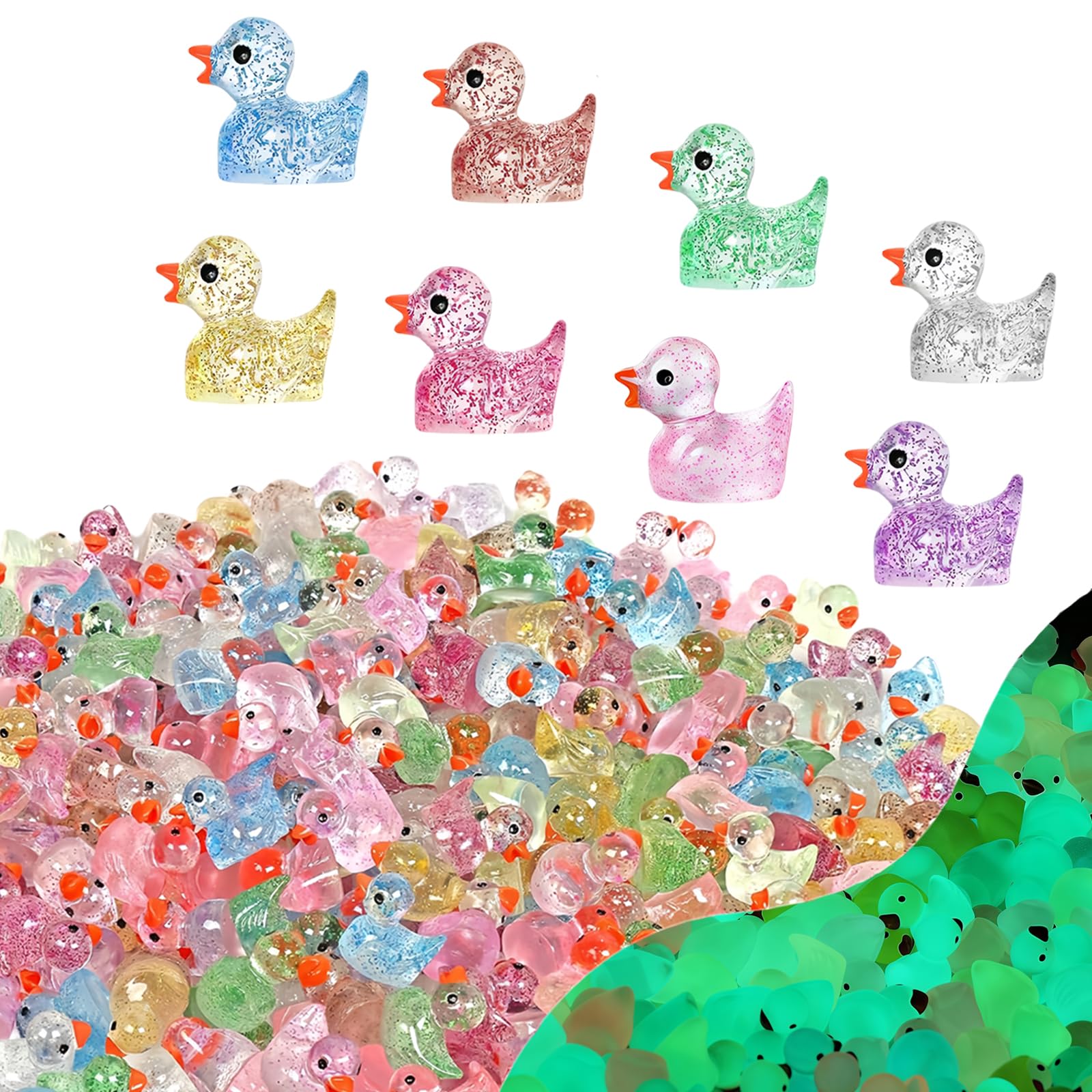100pcs Mini Ducks, 8 Colors Glitter Small Resin Tiny Ducks Little Miniature Plastic Ducks Figurines Duck Bulk for Micro Fairy Garden Landscape DIY Miniature Dollhouse Accessories Hide Crafts Decor — image 1