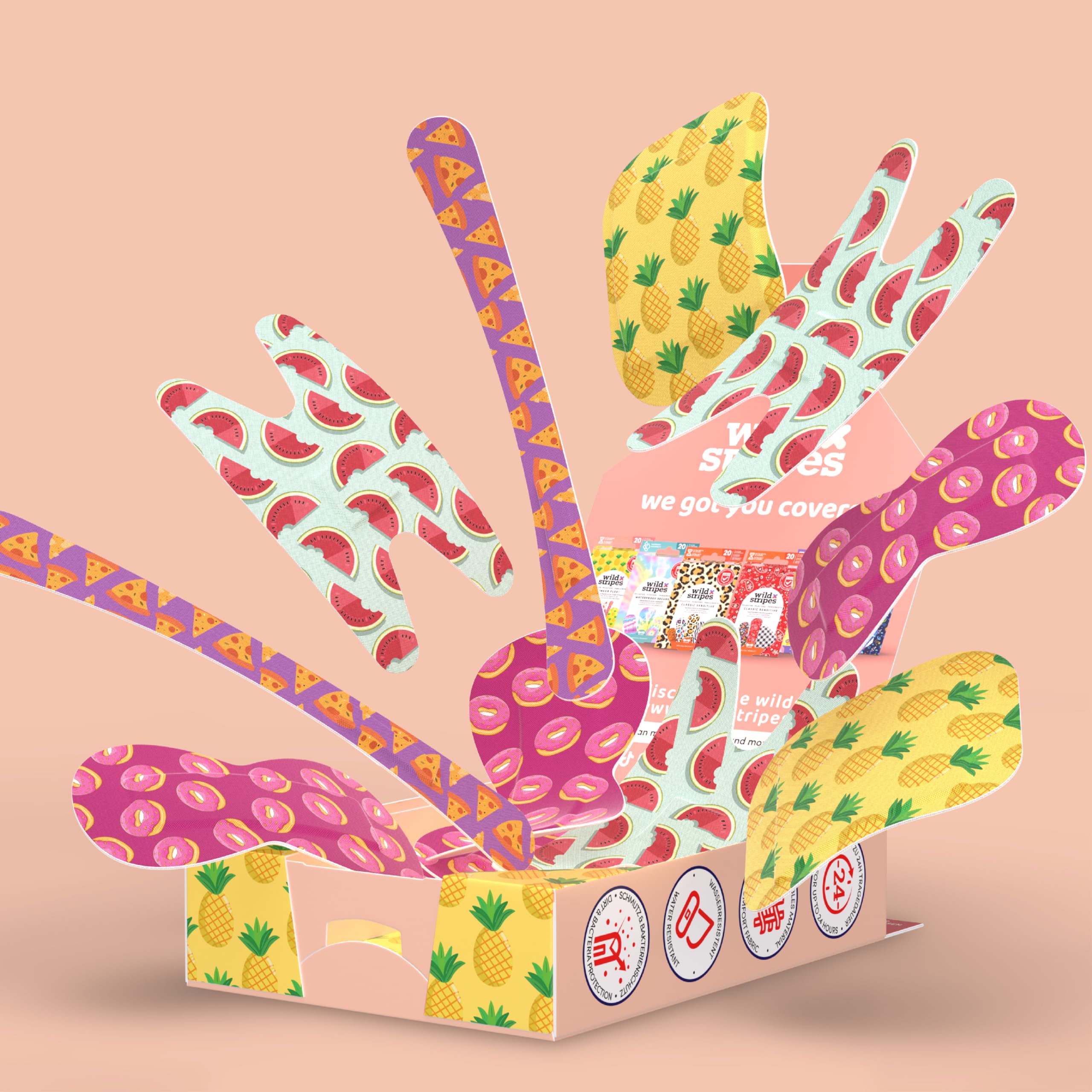 Wild Stripes Set di Cerotti Impermeabili I Finger Flexi Food I Delicati Sulla Pelle I Forma Ergonomica I Protezione 24 Ore I Resistenti All'Acqua per Doccia I 20 Unità