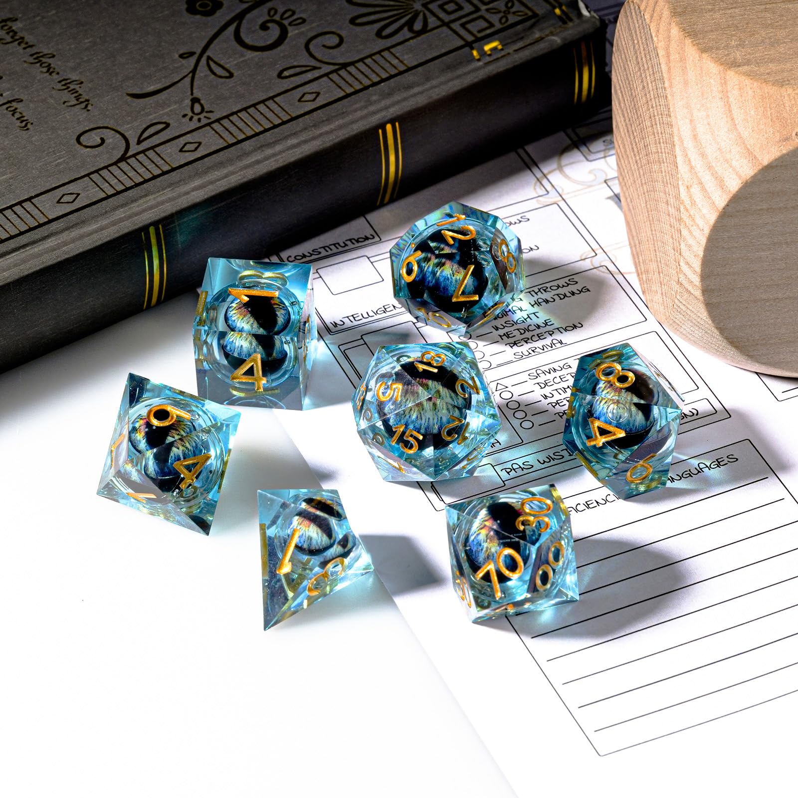 HKDZ Liquid Dragon Eye Dice Set 7 Piece with Bag and Box,Resin Polyhedral Dice for Dungeons and Dragons Tabletop RPG,Cool Dragon Design D20 D12 D10 D8 D6 D4(Blue Gold) - Image 3