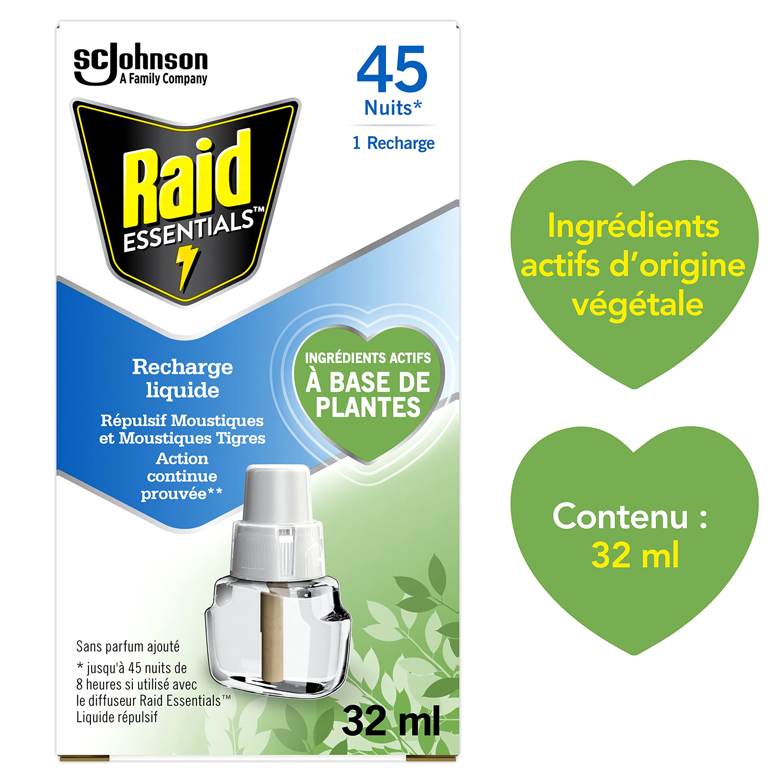 Raid Essentials Recharges pour Diffuseurs Electriques Liquides - Répulsifs Moustiques & Moustiques Tigres - 3 Recharges 45 Nuits