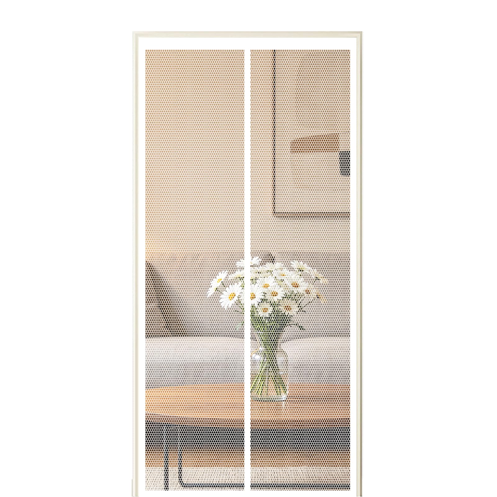 Screen Door 105 x 185 cm Self Sealing Powerful Magnets Patio Curtain Insect Mesh with Powerful Magnets & Full Frame Magic Tape Suitable for Patio Doors Balcony Bedroom, White