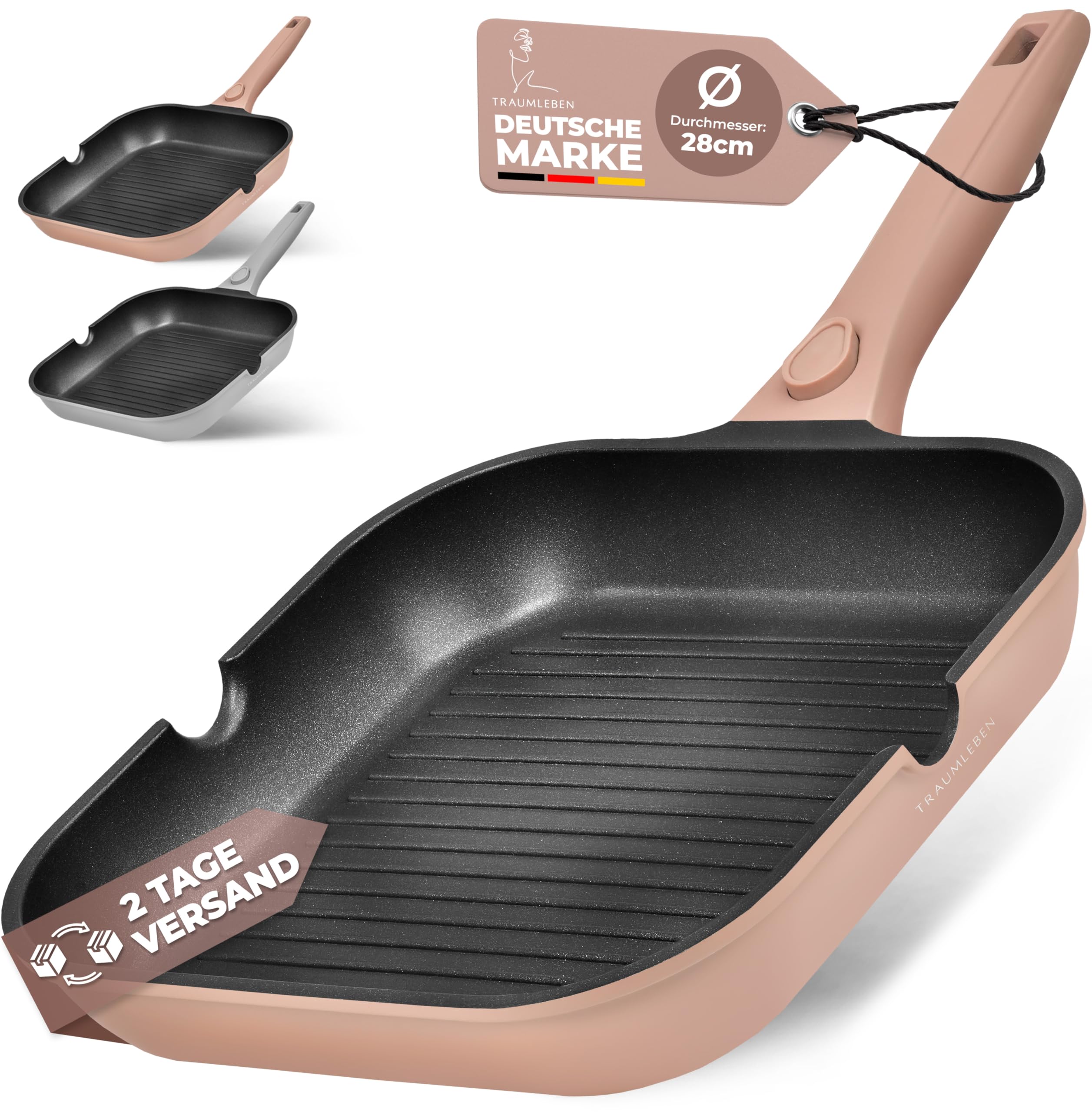 TRAUMLEBEN Grillpfanne 28 cm mit Ausguss & abnehmbarem Griff (Rosa) | Antihaftbeschichtung, PFOA-frei, für Induktion geeignet, backofenfest, Steakpfanne