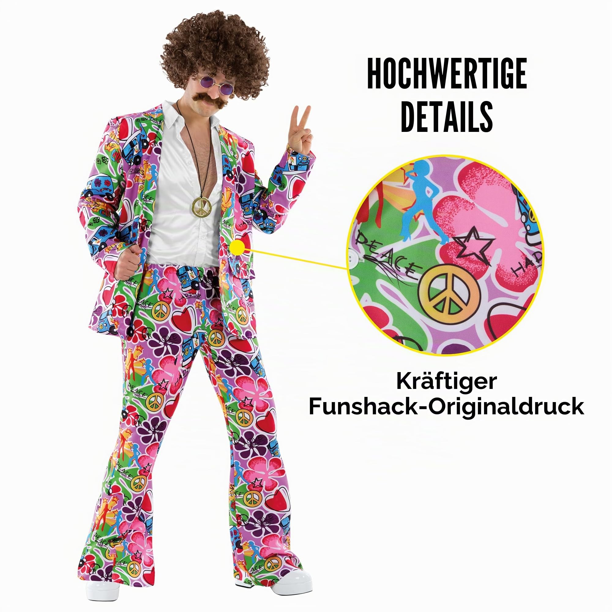 Fun Shack Hippie Kostüm Herren, 70er Jahre Outfit Herren, Kostüm 70er Jahre, Hippie Anzug, Schlagermove Outfit Männer, Faschingskostüme Männer, Karneval