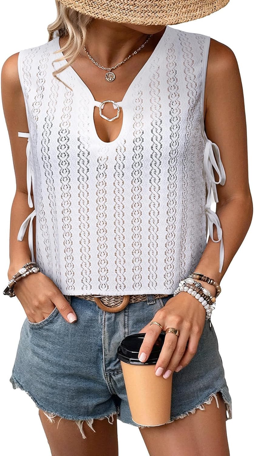 Womens Crochet Tank Tops Side Tie Knit Hollow Out Beach Cover Ups Summer Vacation Outfits Sleeveless Boho Sweater Vest