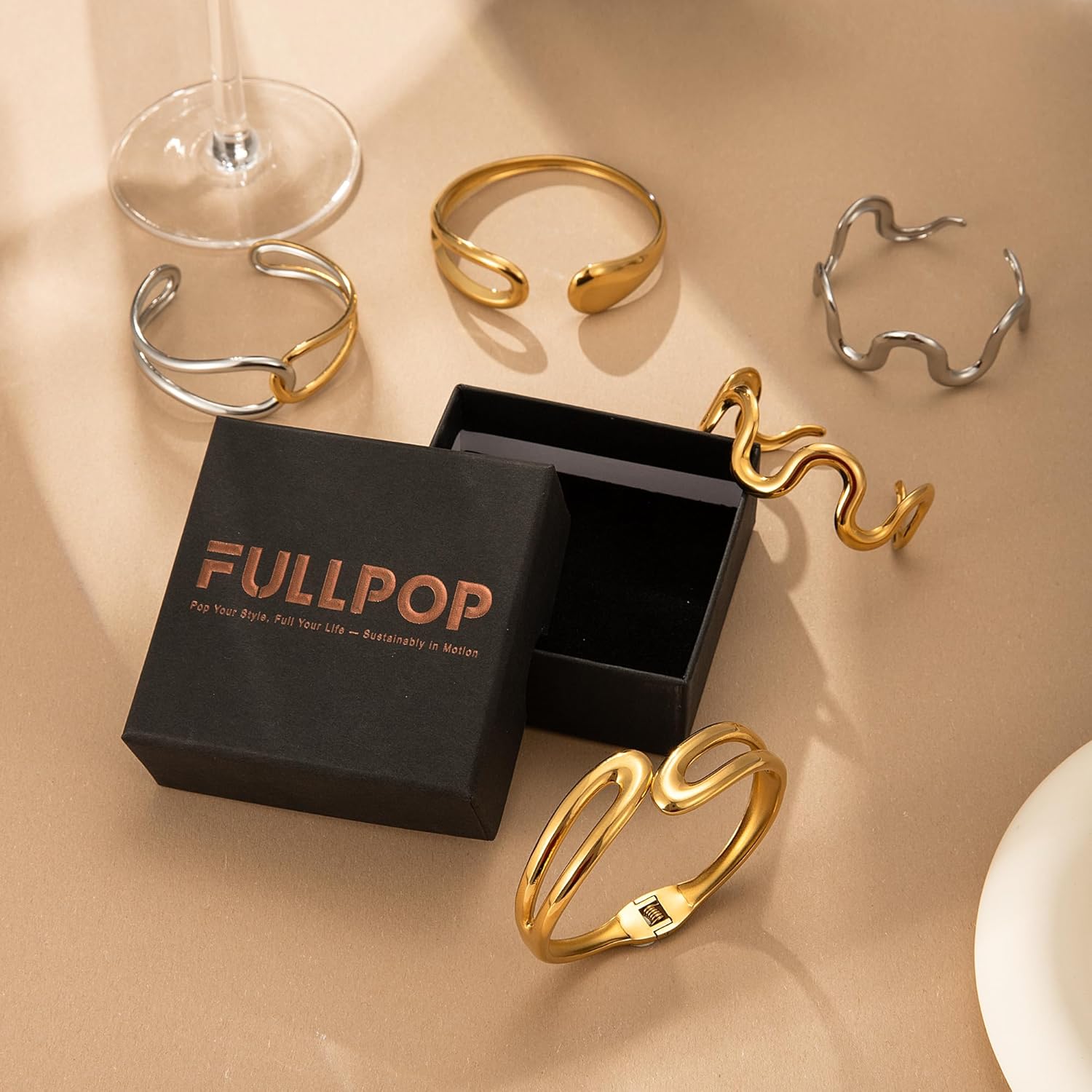 Fullpop Gold Bracelets for Women Trendy, Dainty 14K Gold Plated Cuff Bracelets Adjustable Gold Bracelets Adjustable Stainless Steel Bracelets for Women Couples Bracelets Christmas Gifts for Her - Image 6