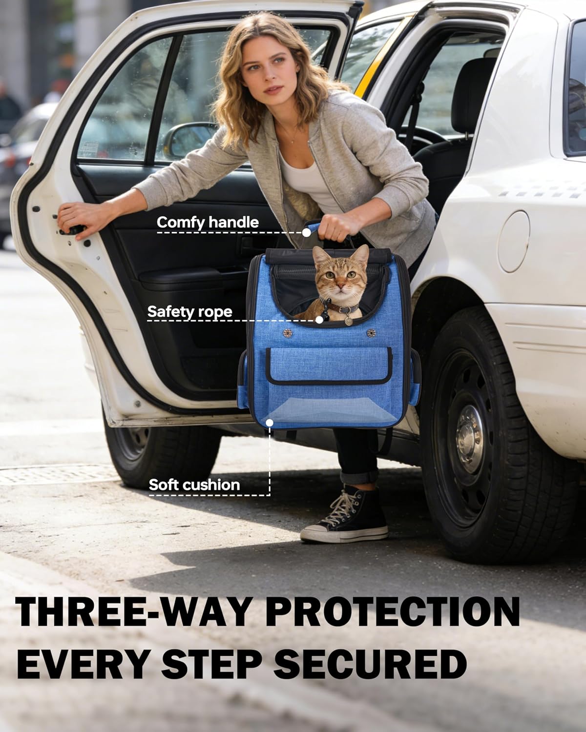 Cat Backpack Carrier, 2 in 1 Expandable Cat Backpack with Breathable Mesh,Cat Carrying Backpack with Detachable Round Play Tunnel for Cat 17lbs & Small Dog 13lbs,Blue.