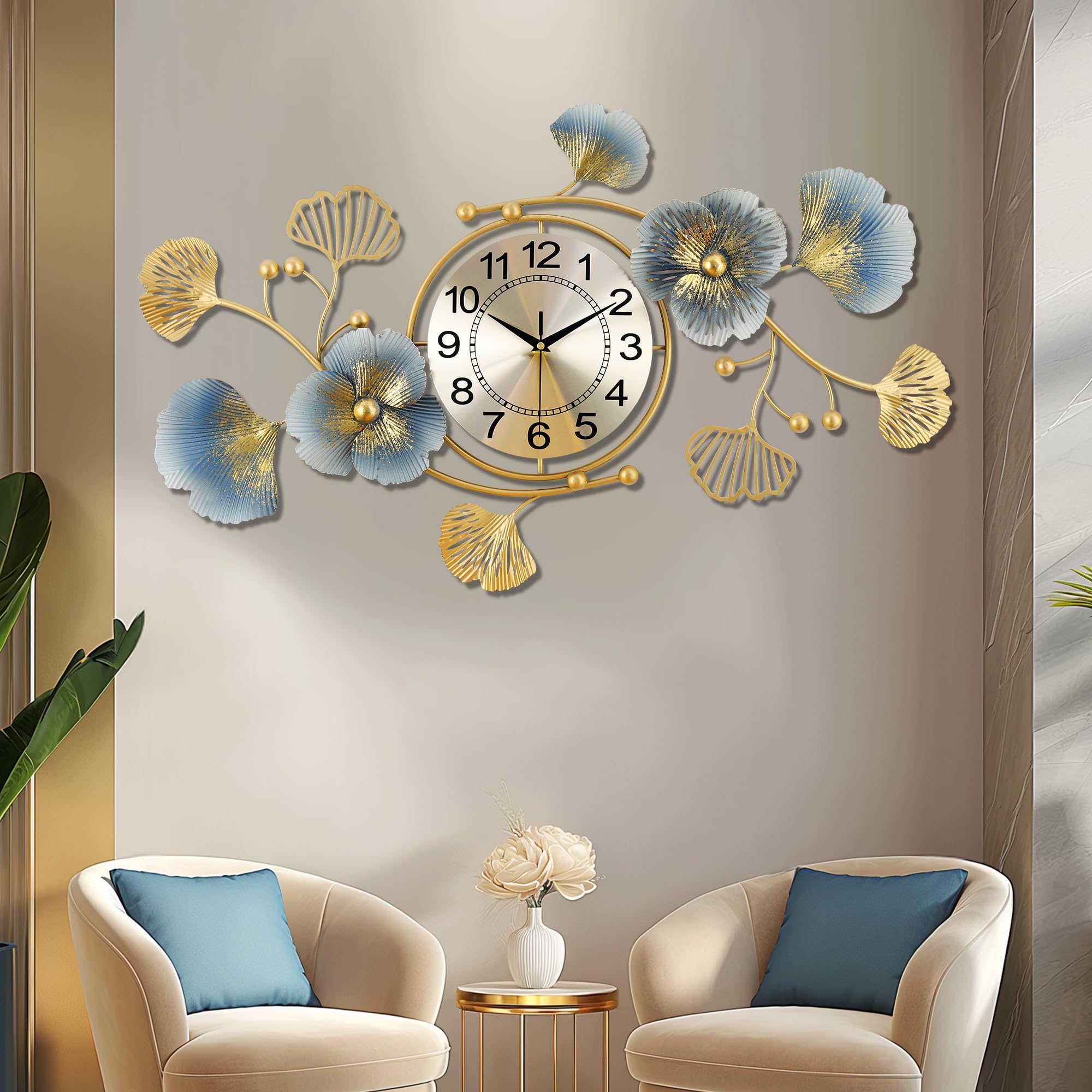 Lafocuse Silent 33x19 Inch Metal Unique Luxury Ginkgo Leaf Wall Clock Battery Operated, Mordern Art Deco Large Blue and Gold Wall Clocks, Wall Decor for Living Room Kitchen Office