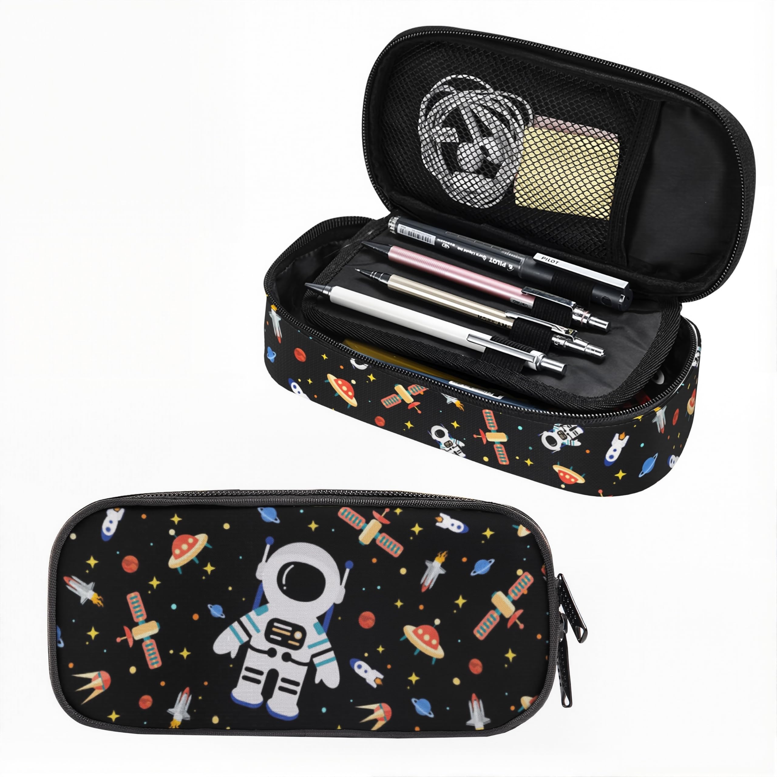 GOWRACOG Astronaut with Space Planets Pencil case for Student Girl Boy, Large Capacity Black Pencil Pouch with Zipper Compartments, Cosmetic Makeup