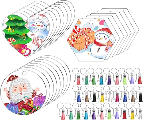 Miniatura 8 de Llaveros acrílicos en blanco para adornos, juego de 120 llaveros acrílicos, 30 piezas en blanco transparentes, borlas, llavero, anillos de salto