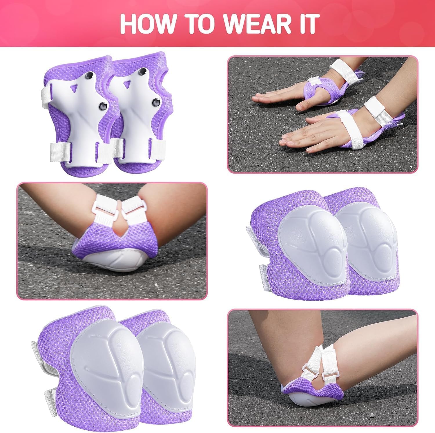 Color Gradient Kids Bike Helmet and Pads Adjustable Helmet for Kids Protective Gear Set with Elbow Knee Pads Wrist Guards for Cycling Bicycle