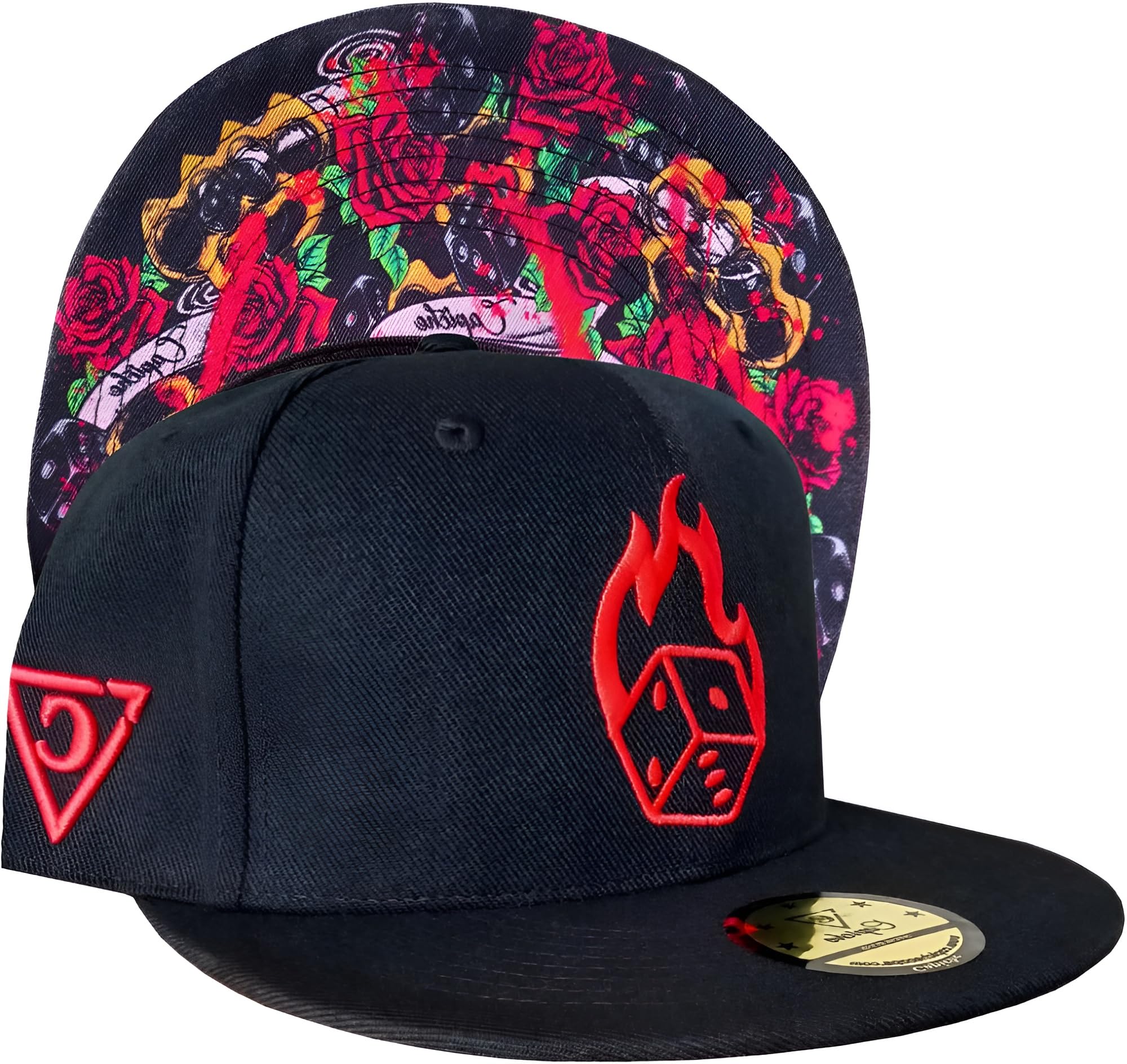 Capiche Unisex Dice [99+ Variations] Black Snapback Hat For Men, Tattoo Style Hat, Poker Gambler Die Baseball Cap, Rose And Scroll Art